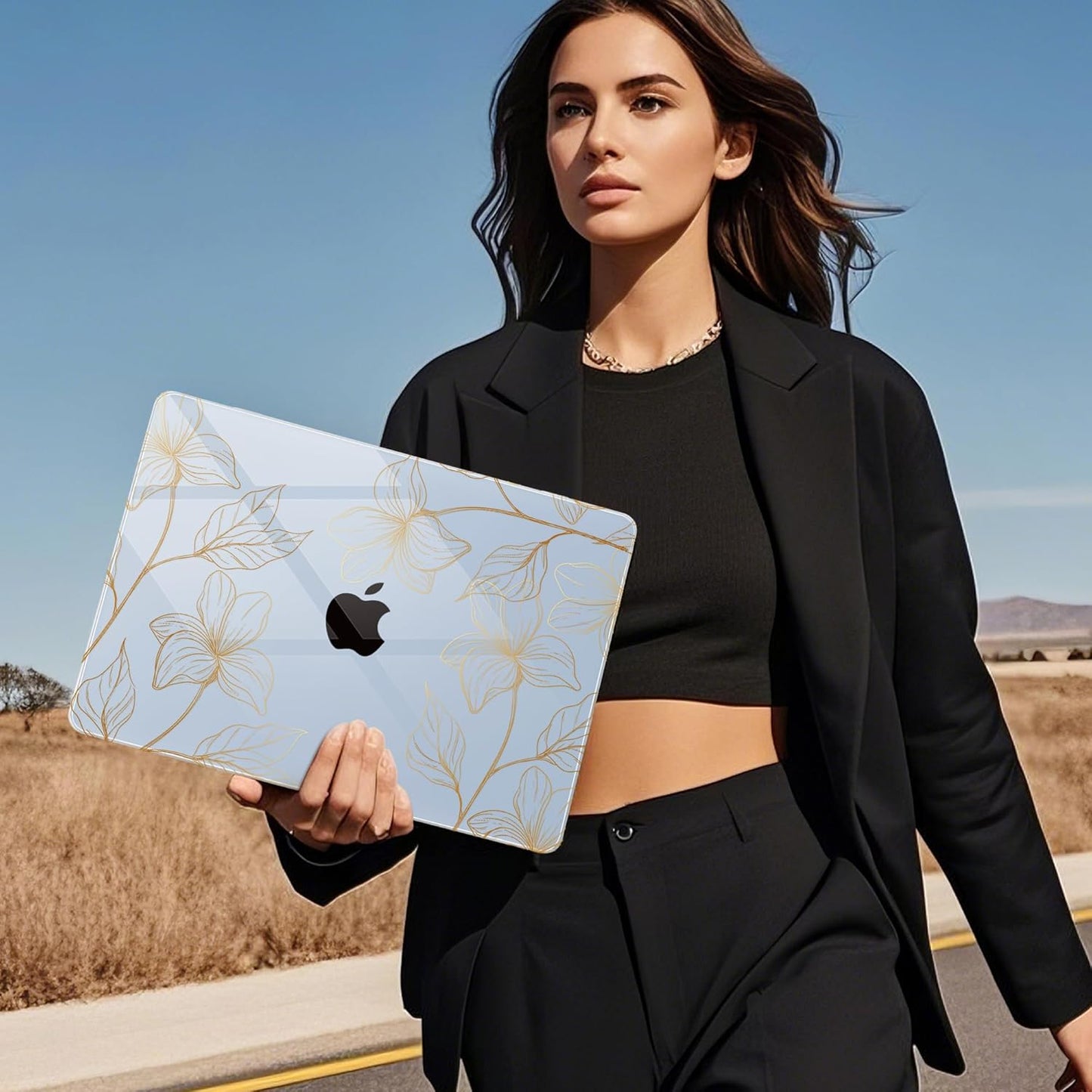 Mektron for 2025 MacBook Air 15 inch M4 Case A3241/ 2024 M3 A3114/ 2023 A2941 M2 Hard Printed Case with 15.3 Liquid Retina Display Touch ID, Plastic Hard Cover & Keyboard Skin- Gold Flower S718-Blue