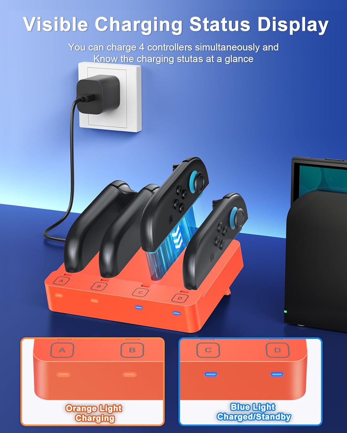 Charger for Nintendo Switch 2 and Switch 1 Controller, Horizontal Charging Dock Station for Joy Cons and for Joycon 2 Accessories with Foldable Storage Stand (Orange)