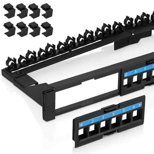 Everest 24 Port Keystone Patch Panel (2-Pack) - Removable 6-Port Panels - Use with Slim Profile Keystones ONLY (Wider Jacks May not fit Side by Side) - with Adjustable Rear Cable Management Bar