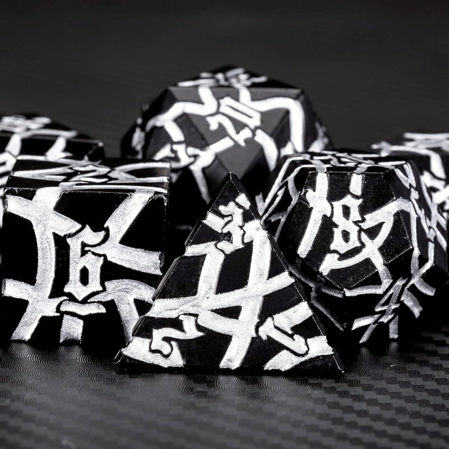 D&D Stripe Dice Set,Black Metal Dungeons and Dragons Dice Set with Box, Crack Polyhedral Dice for RPG Board Games (Matte Black Silver)