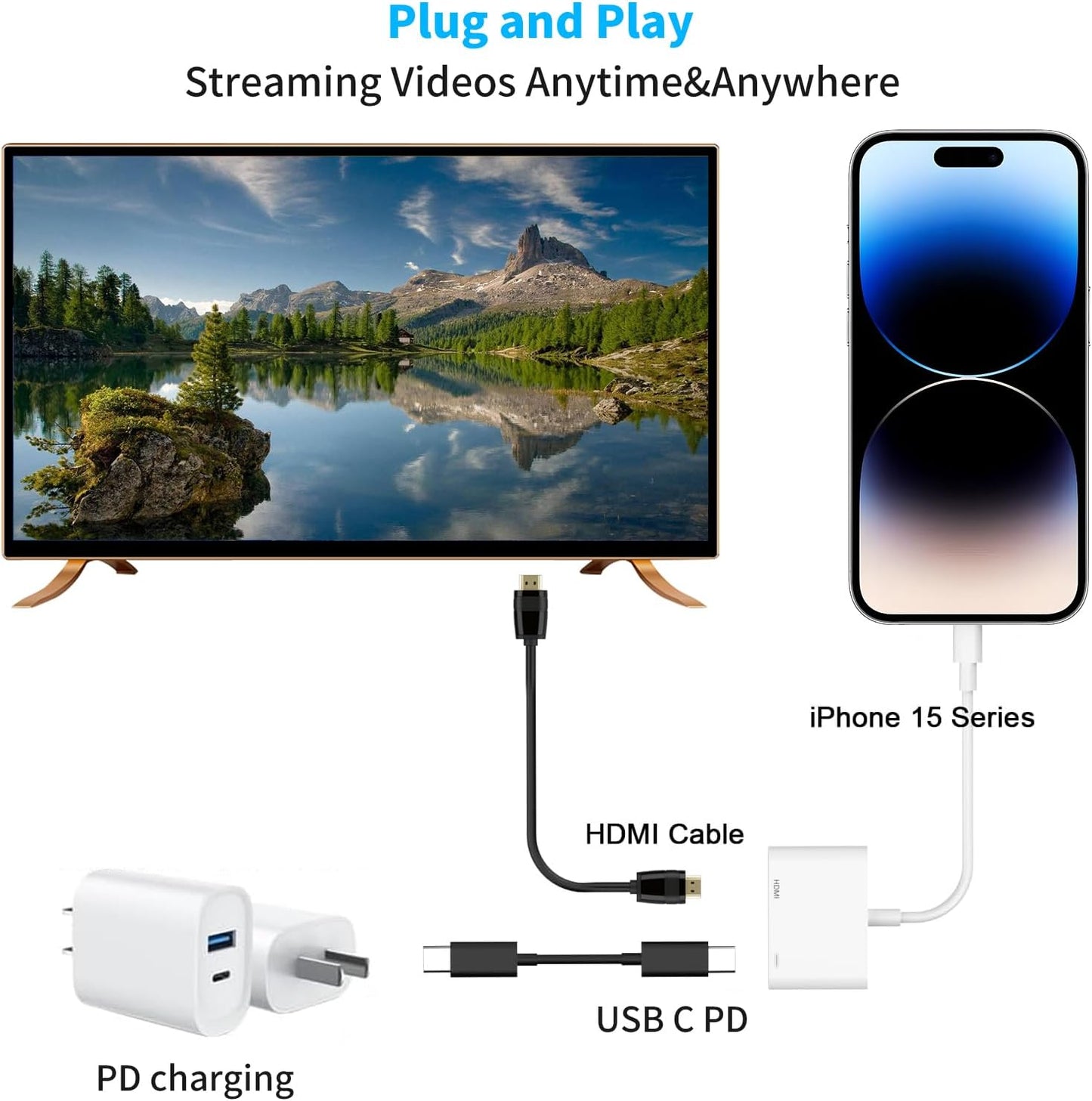 AIRSKY USB C to HDMI Adapter for iPhone 15/16, USBC to HDMI Adapter for iPhone to tv, 100W Fast Charging & 4K@60Hz, Compatible with iPhone 15, iPhone 16, MacBook Pro, iPad Pro
