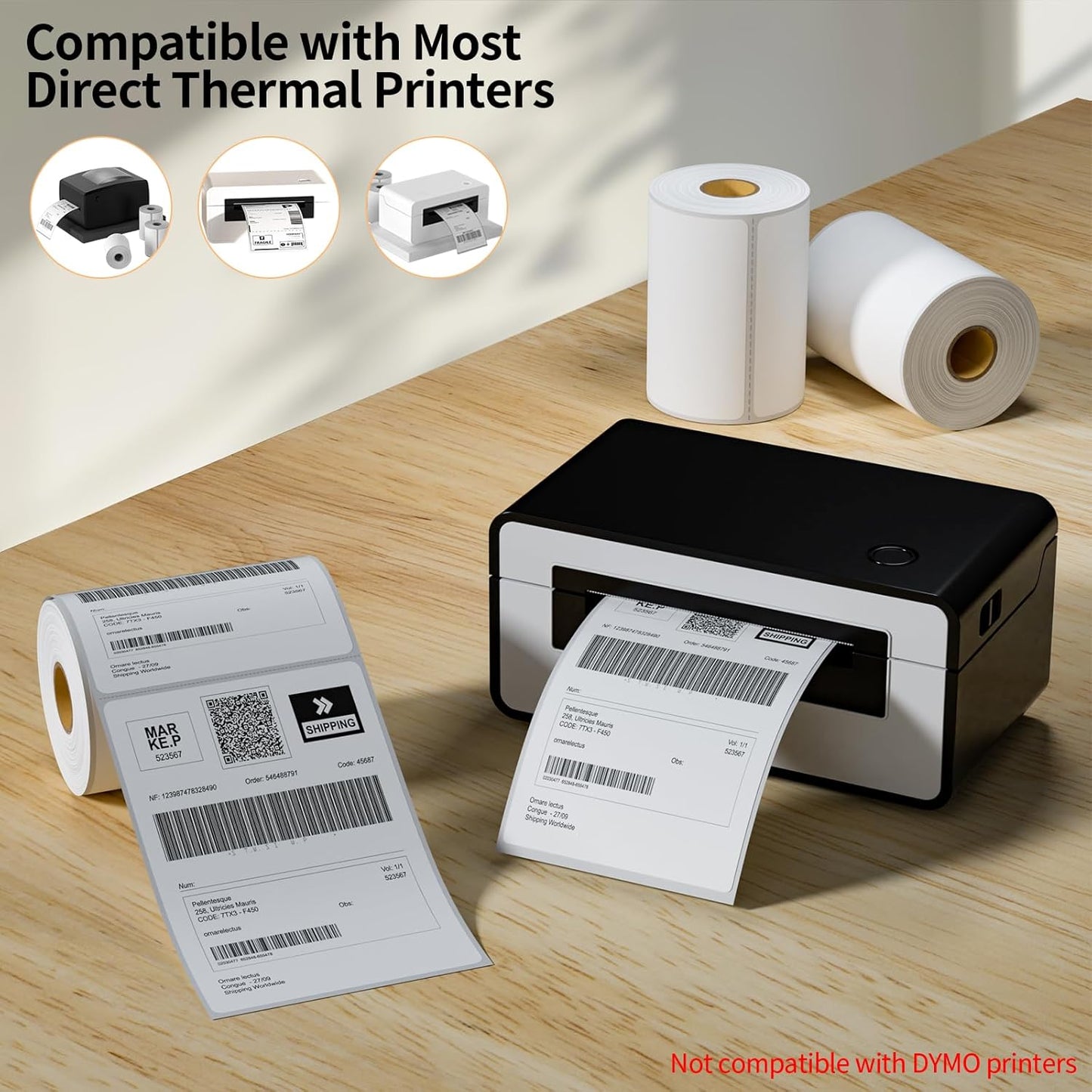 2 Rolls 4" x 6" Direct Thermal Printer Label, 250 Labels/Roll, Total 500 Thermal Shipping Labels, Strong Adhesive, Commercial Grade, Perforated, Compatible with Most Thermal Printers (NOT for DYMO)