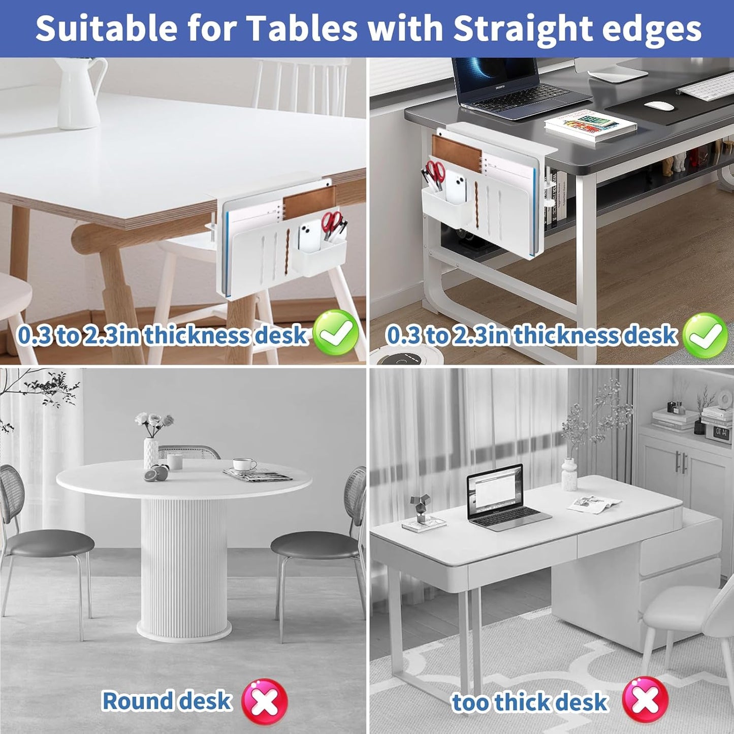 Desk Side Storage, Side Desk Laptop Holder with Anti-Scratch Pad & Magnetic Pen Holder, No Drill Under Table Laptop Mount Fits Flat Edge 0.3" to 2.3"