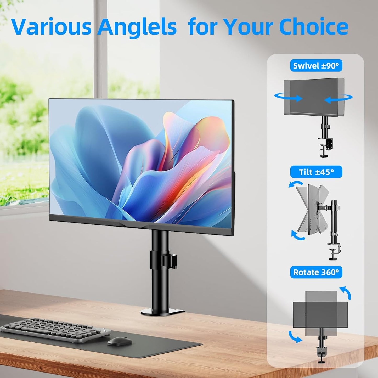 H&C(hcck&Cllassp) Single Monitor Stand for 13-27" Monitors up to 17.6lbs, Adjustable Heights and Angles Monitor Arm, Desk Mount Stand with C-Clamp, VESA 75x75mm or 100x100mm, Black