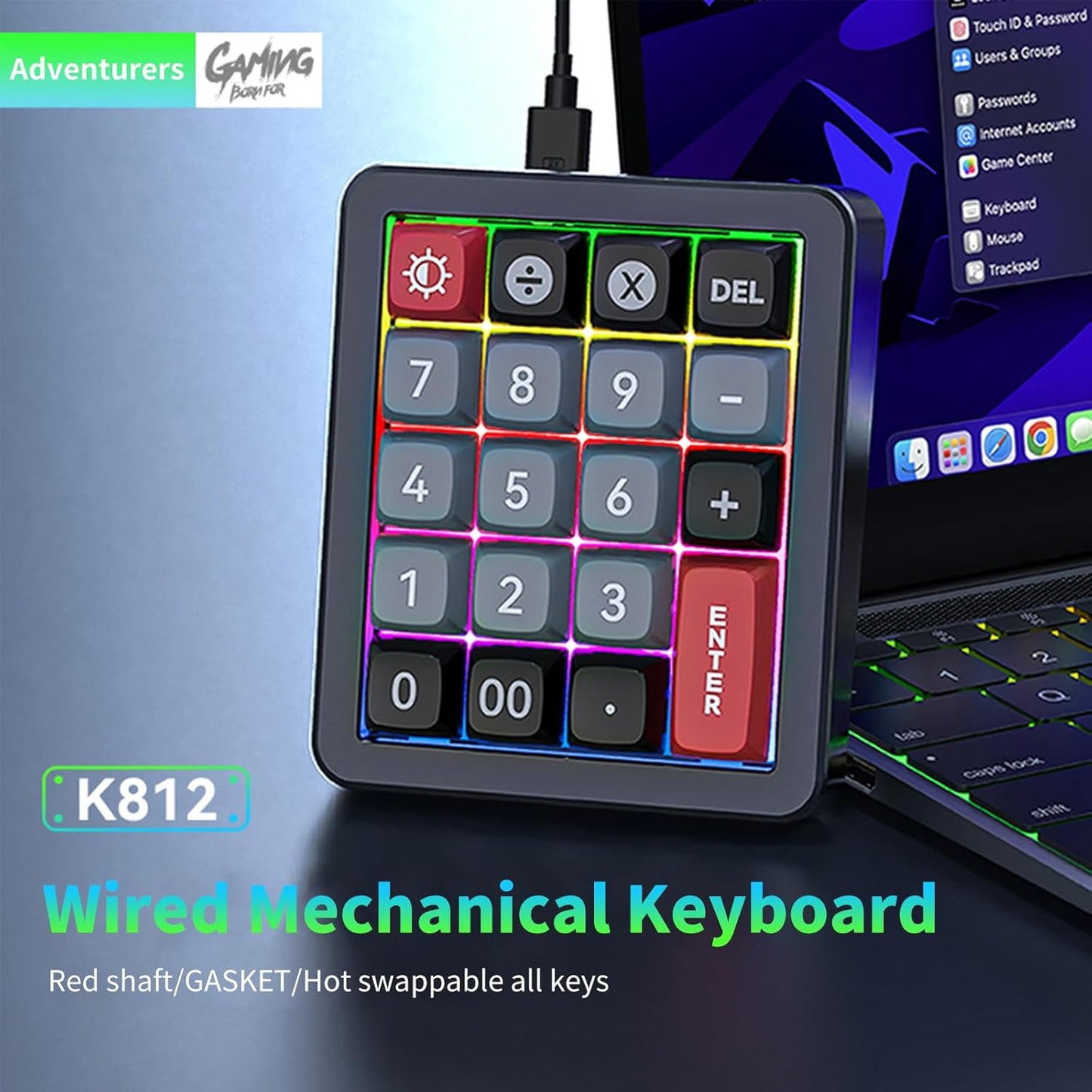 Adventurers K812 Wired Mechanical Numeric Keypad, 19-Key Hot-Swappable RGB Numpad, Macro Programmable, Detachable Type-C Cable, Game/Office Mode Switch – for PC/Laptop/Desktop (Black)