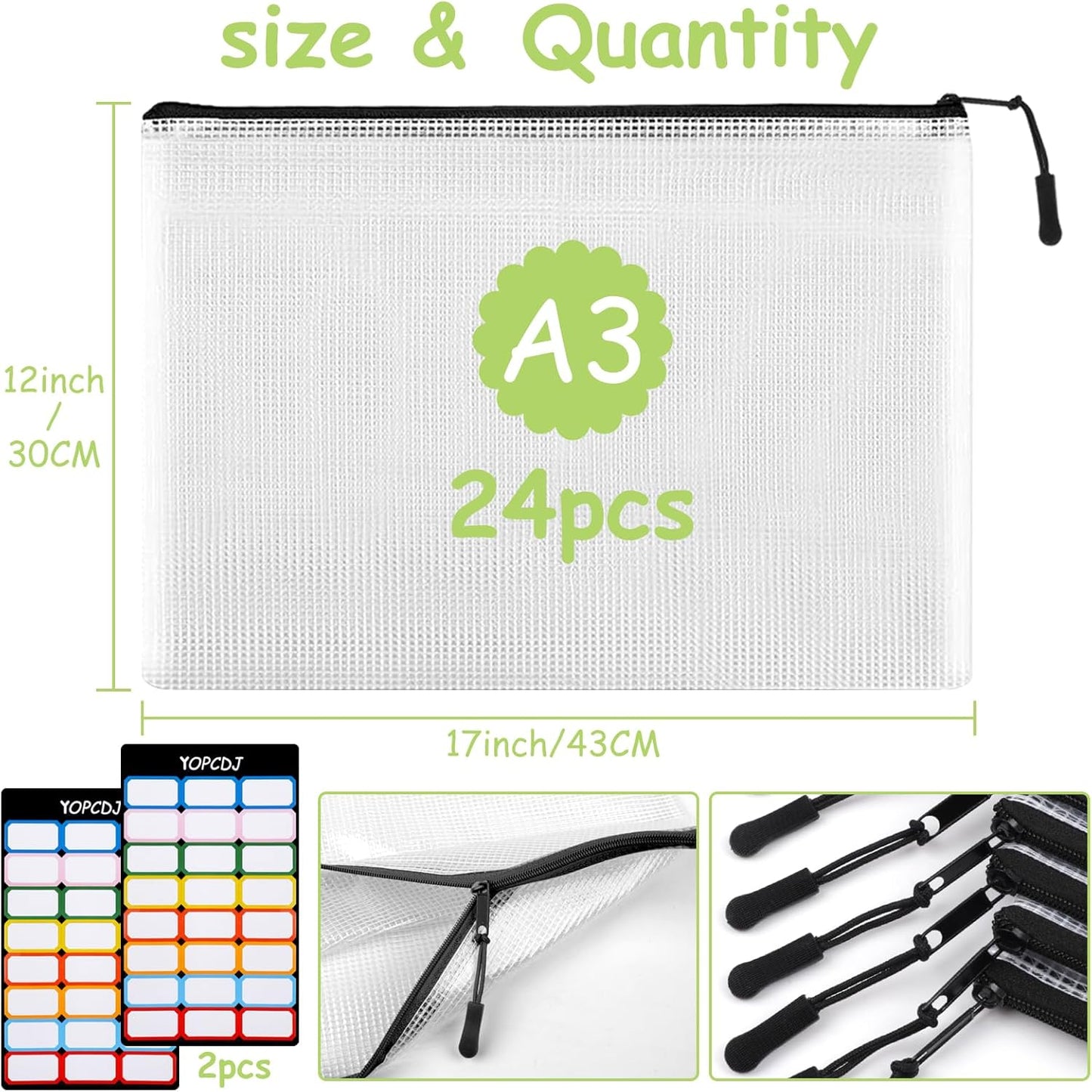 24pcs Mesh Zipper Pouches, A3 Size Waterproof Black Zipper Bags, Water-Resistant Plastic Zipper Pouch for School Office Supplies, Puzzles & Games Organizing Storage