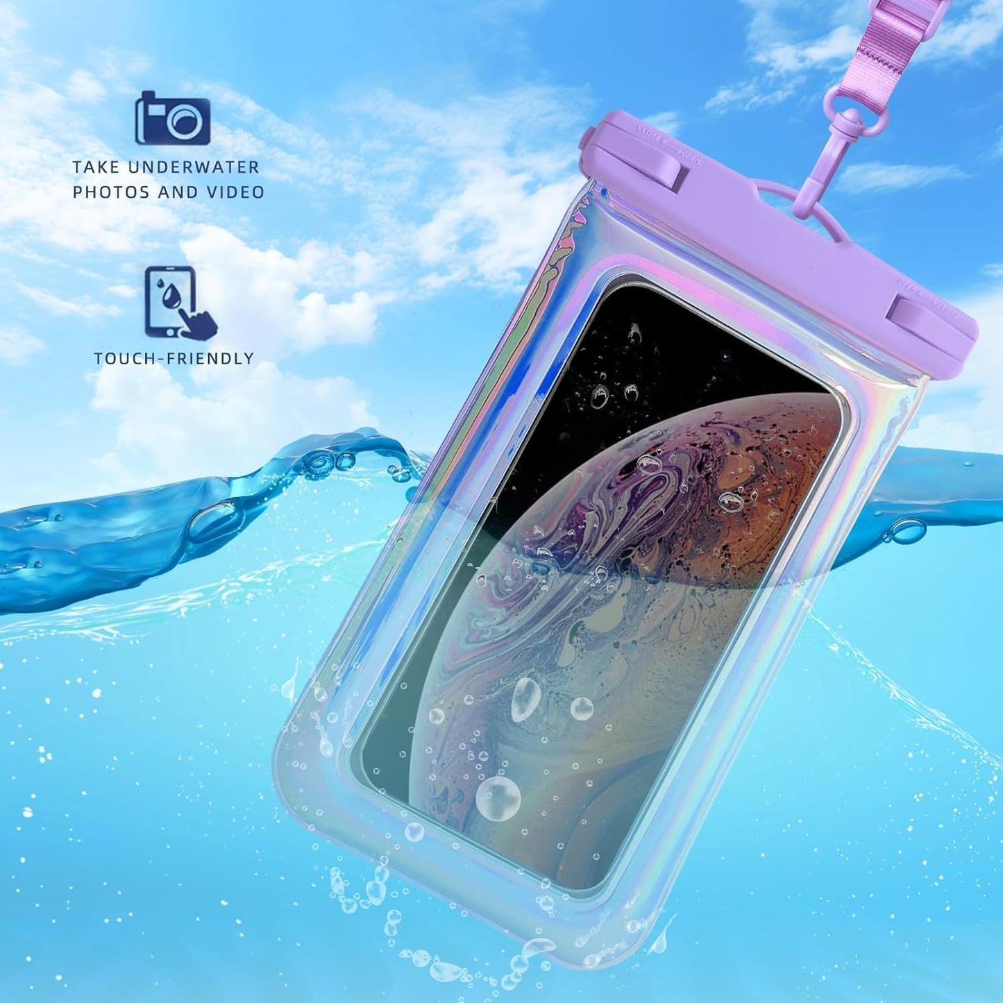Floatable Waterproof Phone Pouch Case 2 Pax for iPhone 16 Pro Max/15/14/13/12, IP68 Travel Cellphone Dry Bag Beach Cruise Ship Essentials Bags with Crossbody Lanyard, Iridescent Purple and Blue-7″