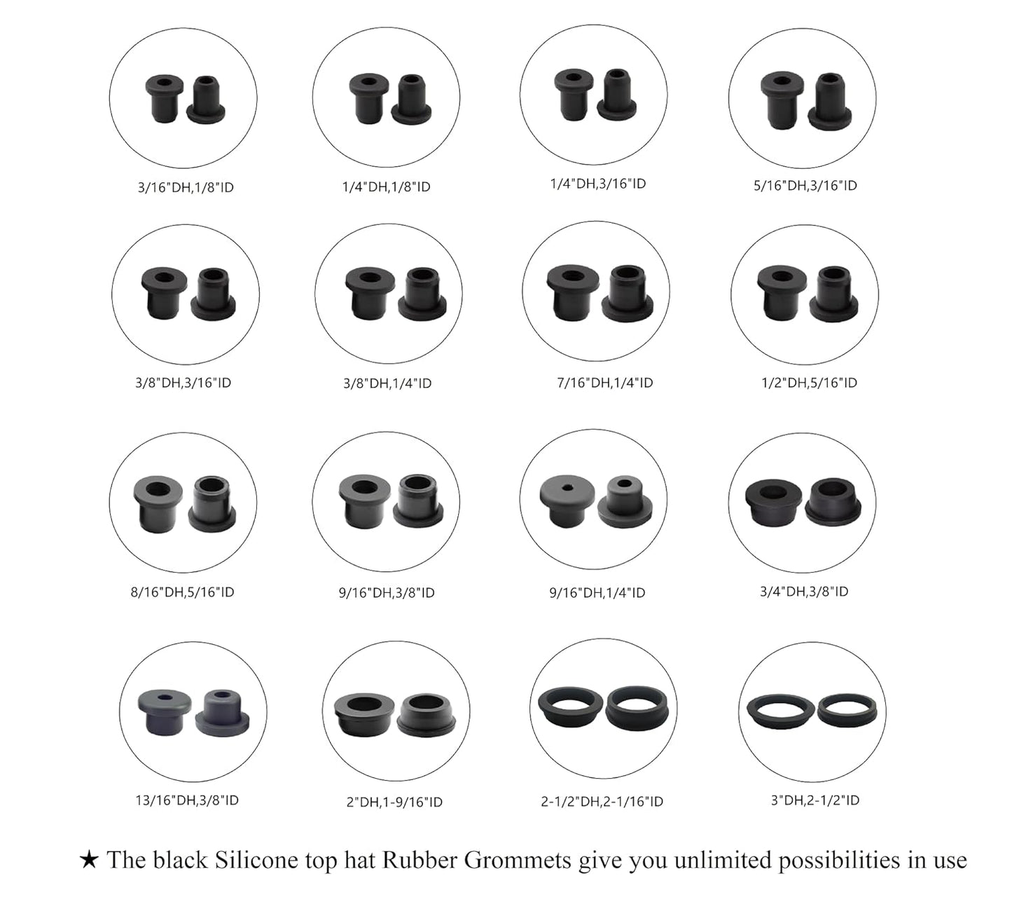 30 pcs 1/4" Drill Hole，1/8" ID Black Silicone Top hat Rubber Grommets for Wiring，Automotive，Firewall，Hole Plug，Desk，Screw，Water and Gas Pipe，Drain，House Siding，Cable Bushing，Glass，Wire Plug