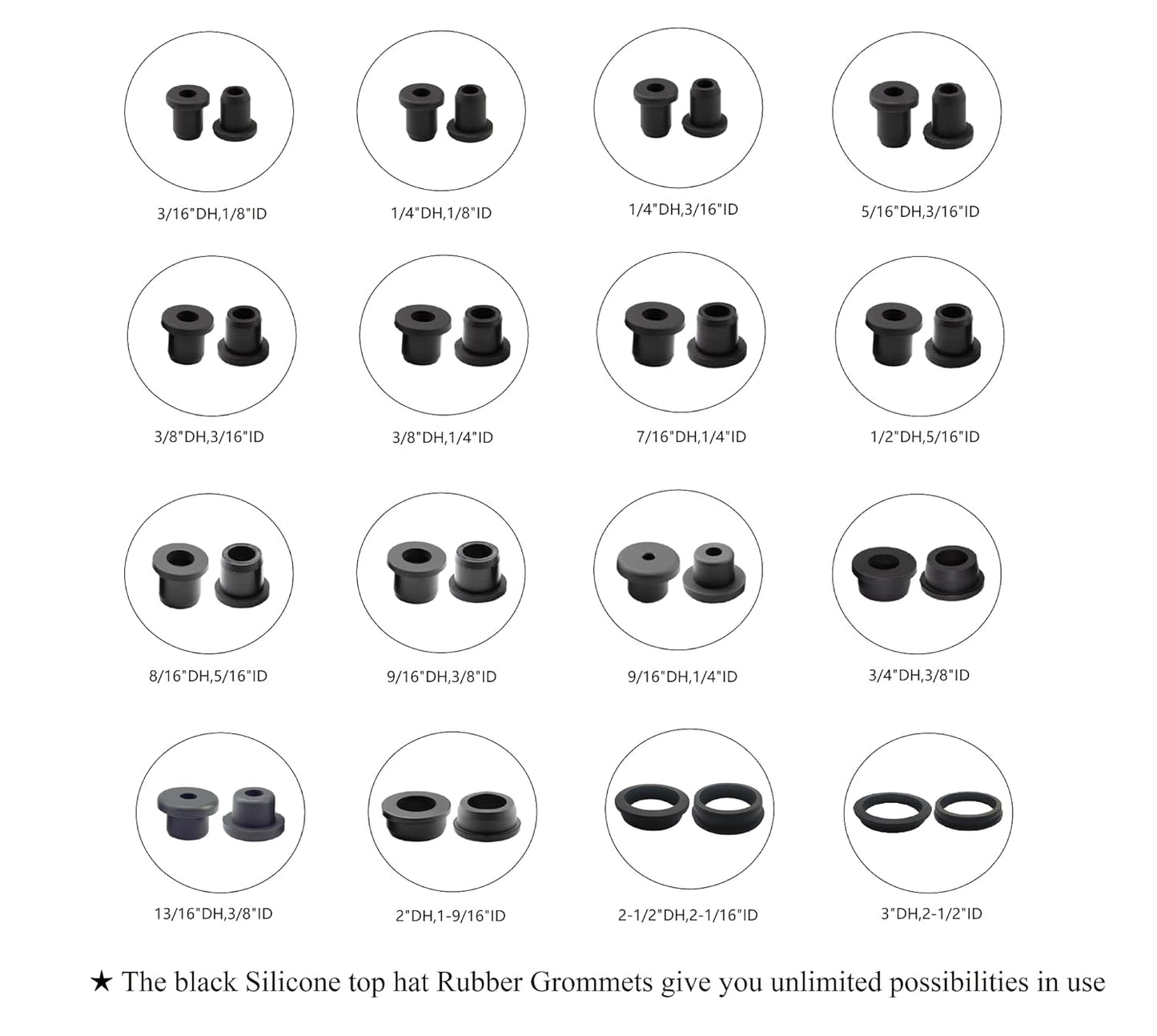 20 pcs 1/2" Drill Hole，5/16" ID Black Silicone Top hat Rubber Grommets for Wiring，Automotive，Firewall，Hole Plug，Desk，Screw，Water and Gas Pipe，Drain，House Siding，Cable Bushing，Glass，Wire Plug