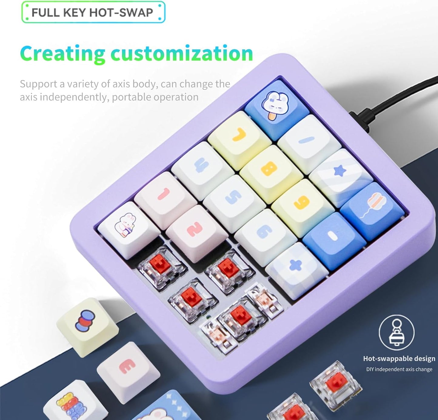 Adventurers K812 Wired Mechanical Numeric Keypad, 19-Key Hot-Swappable RGB Numpad, Macro Programmable, Detachable Type-C Cable, Game/Office Mode Switch – for PC/Laptop/Desktop (Purple)