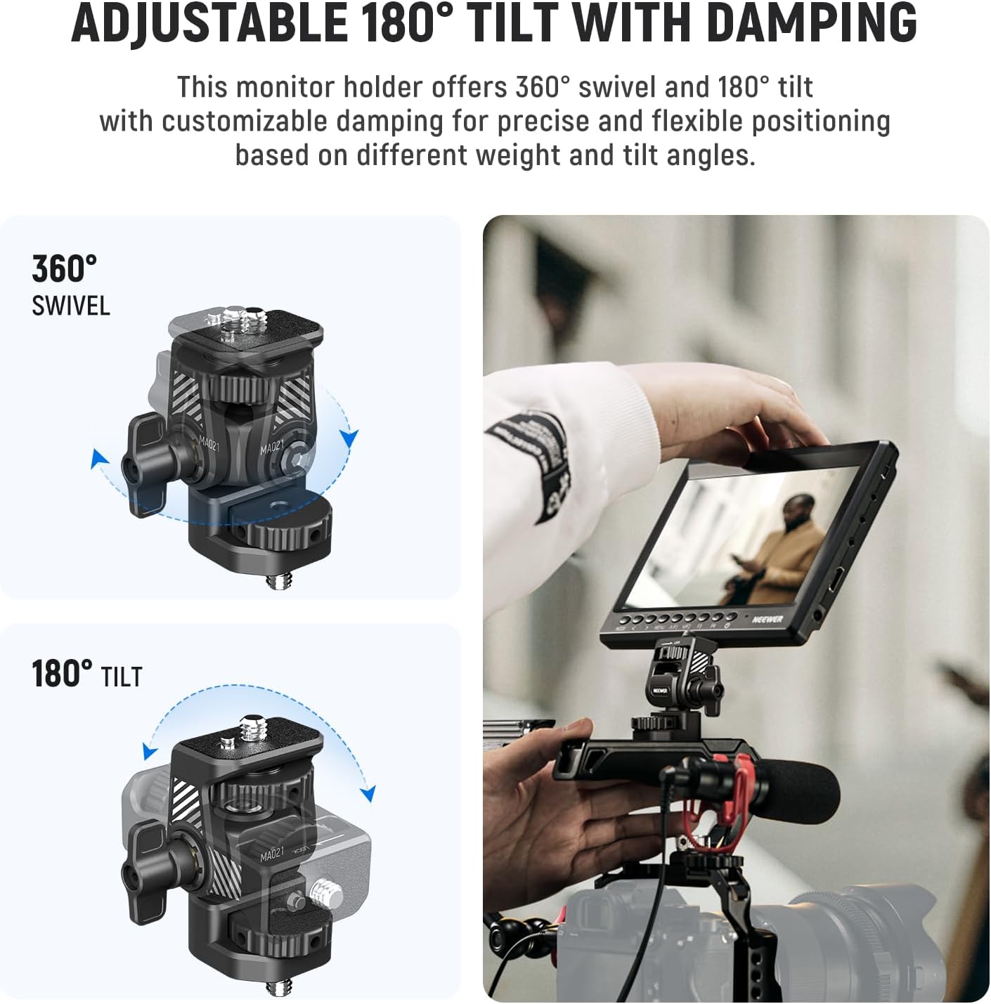 NEEWER Field Monitor Mount Monitor Holder with 1/4" Screw, 360° Swivel, 180° Tilt, Anti Twist Screw Compatible with Atomos Ninja 5" & 7" Camera Monitor Compatible with SmallRig Camera Cage, MA021