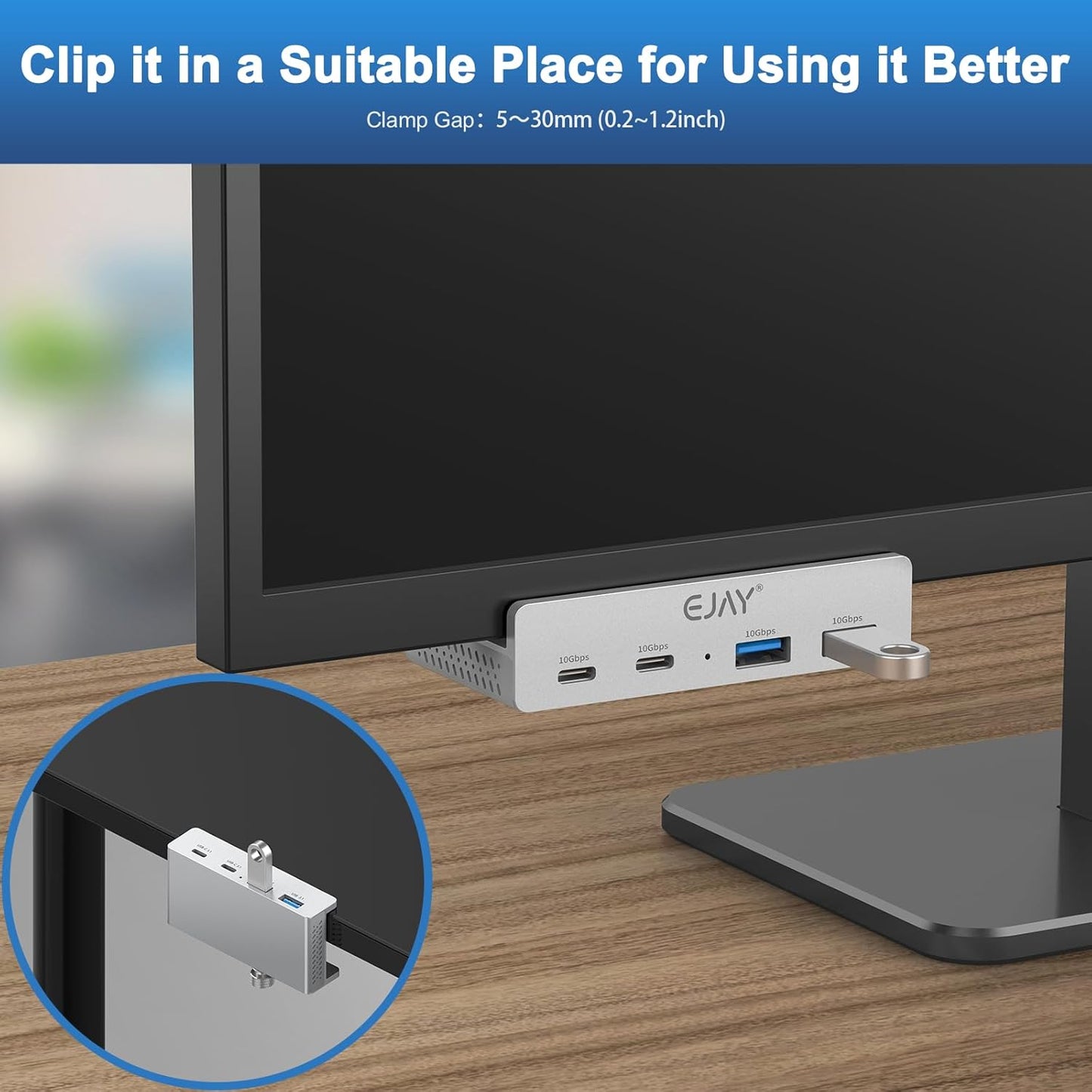 EJAY Mountable 4Ports USB3.0 HUB Alu Desktop Clamp Type C USB3.0 Splitter for Desk/Monitors with Extra Power Supply Port,59inches Data & 39inches Power Cables-5Gbps (JK-3A1C-SV)