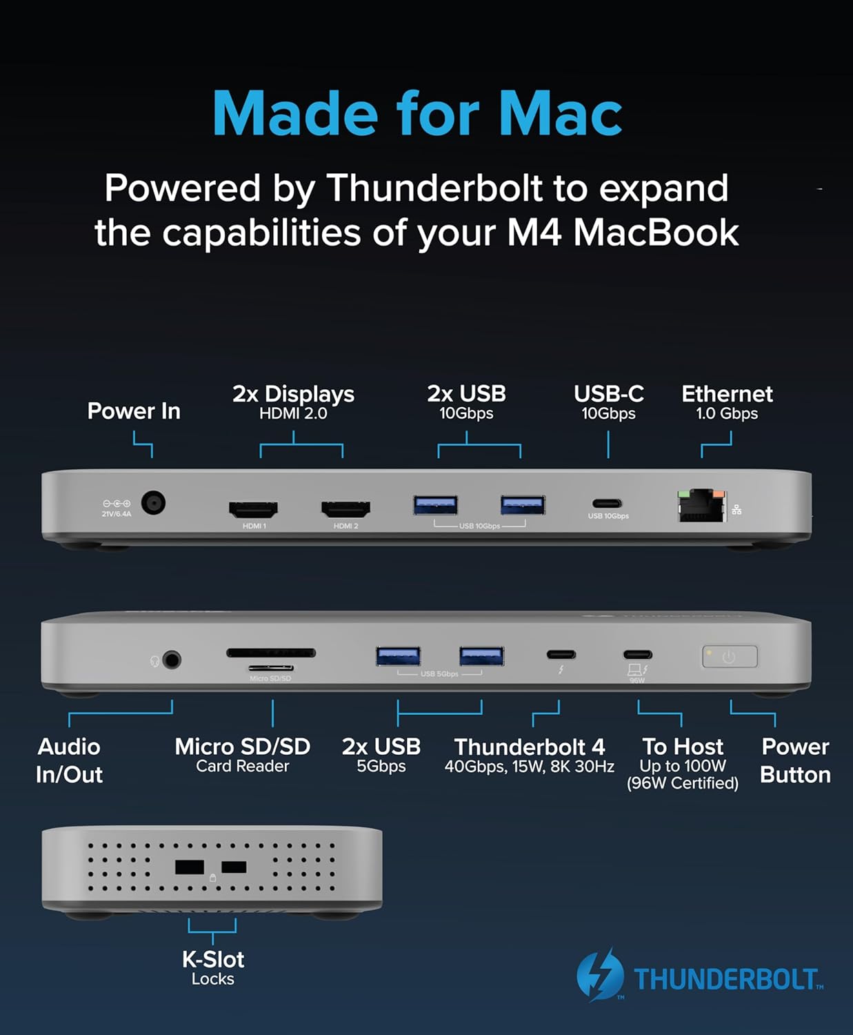 Plugable Thunderbolt 4 Dock for M4 MacBook Air & Pro: 100W Charging Driverless Laptop Docking Station with 4K HDMI Dual Monitor or Single 6K, 6X USB, SD, Ethernet, Thunderbolt Certified (TBT-UDM)