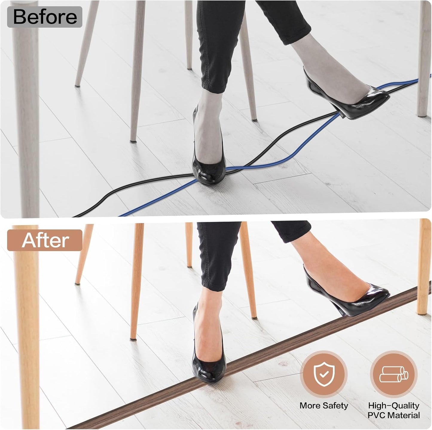 Floor Cord Cover Self Adhesive Cord Hider Floor Extension Cord Covers for Floor Power Cord Protector Cable Management Prevent Cable Trips Cable Cavity 0.51" W x 0.31" H (Smoked Brown Wood, 20Ft)