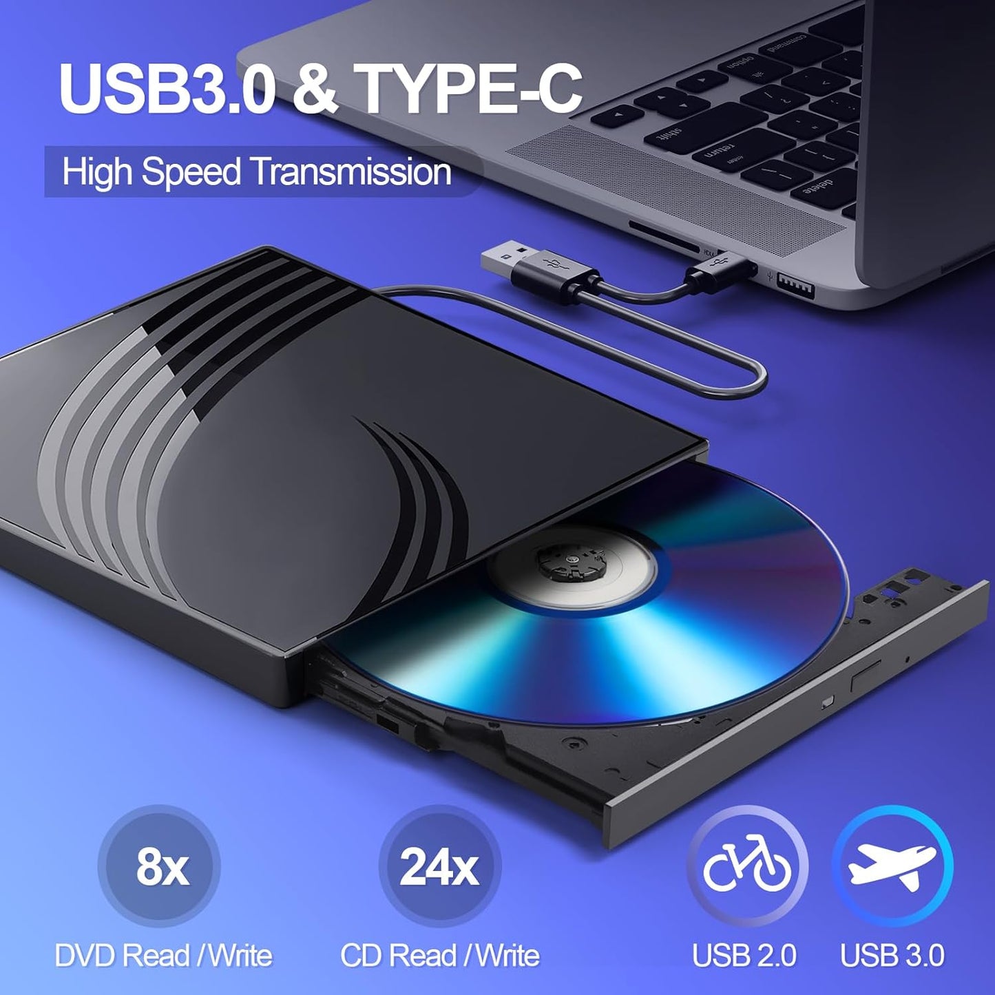 External CD/DVD Drive for Laptop, Ultra Slim CD Burner USB 3.0 Hub with 4 USB Ports, 2 TF/SD Card Slots,1 Type-C Port,DVD Player for Laptop Compatible with mac OS/Windows/Linux (Black)