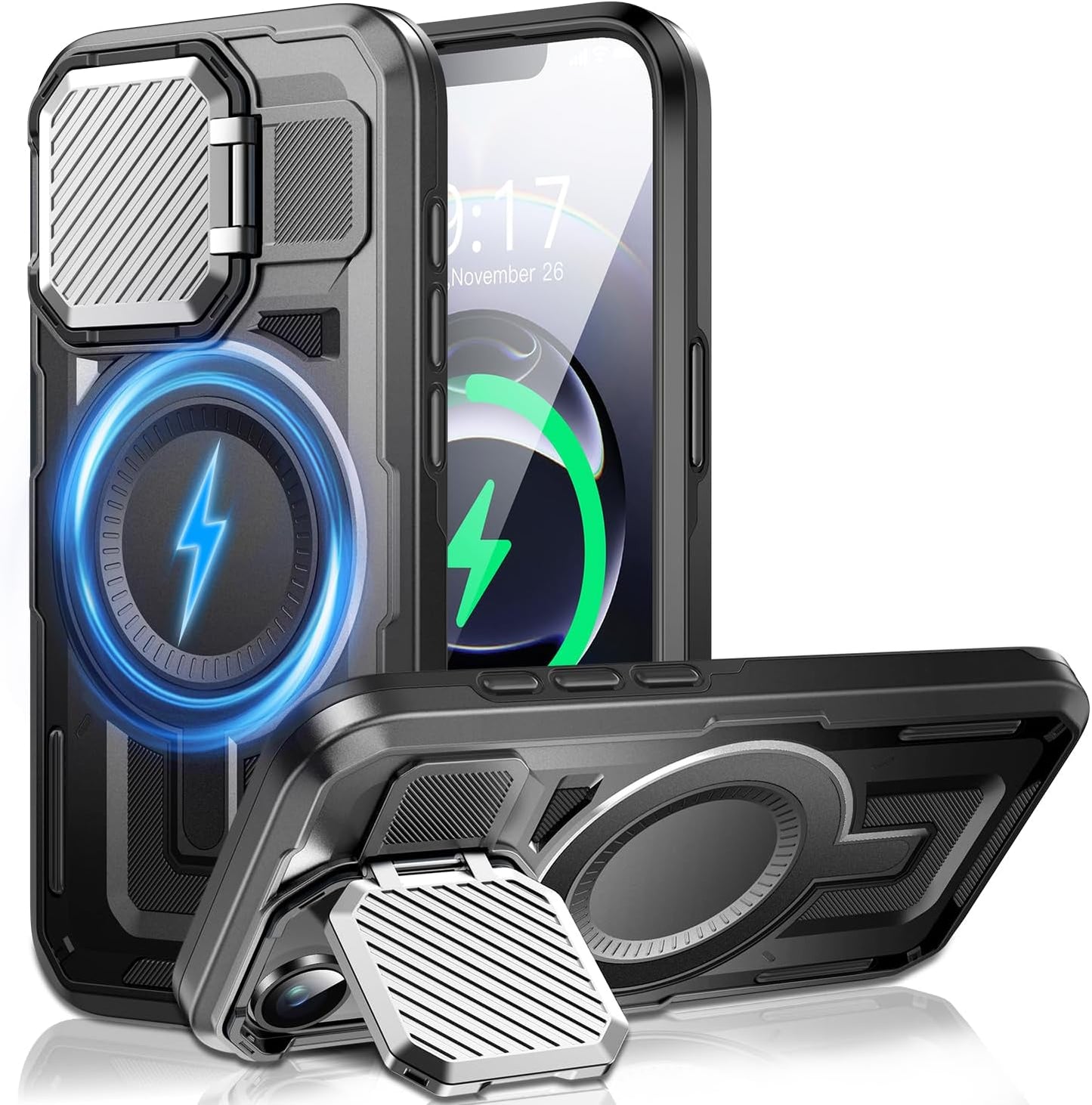 Camera Stand Case for iPhone 16E, [Compatible with Mag Safe] [Lens Cover] 2024 Version Military Grade Protective Soft Case for iPhone 16E 6.3 inch Men Women, Black