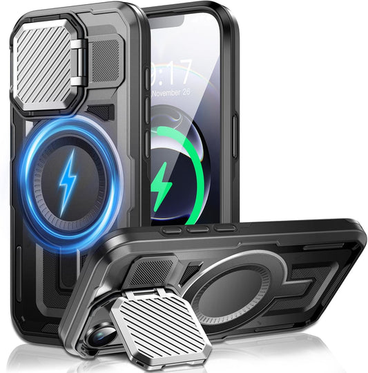 Camera Stand Case for iPhone 16E, [Compatible with Mag Safe] [Lens Cover] 2024 Version Military Grade Protective Soft Case for iPhone 16E 6.3 inch Men Women, Black