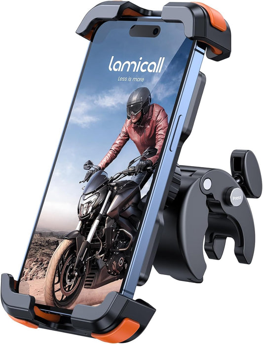 Lamicall Motorcycle Phone Mount, Bike Phone Holder - Upgrade Quick Install Handlebar Clip for Bicycle Scooter, Cell Phone Clamp for iPhone 15 14 13 Pro Max, Galaxy S23 and More 4.7-6.8" Phone, Orange