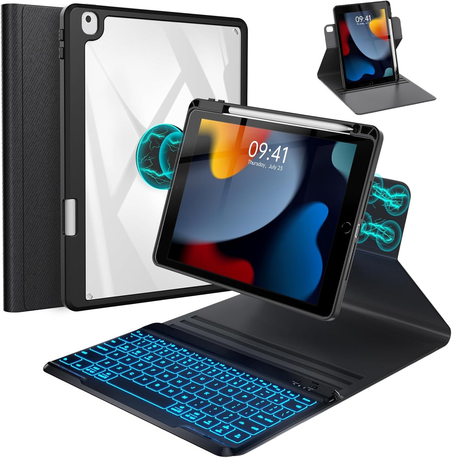 BLUTLOTUS Keyboard Case for iPad 9th/8th/7th Generation 10.2 Inch,360° Rotatable Magnetic Keyboard Case with Pencil Holder Grooves Design(2021/2020/2019),7 Color Backlit Detachable Wireless (Black)