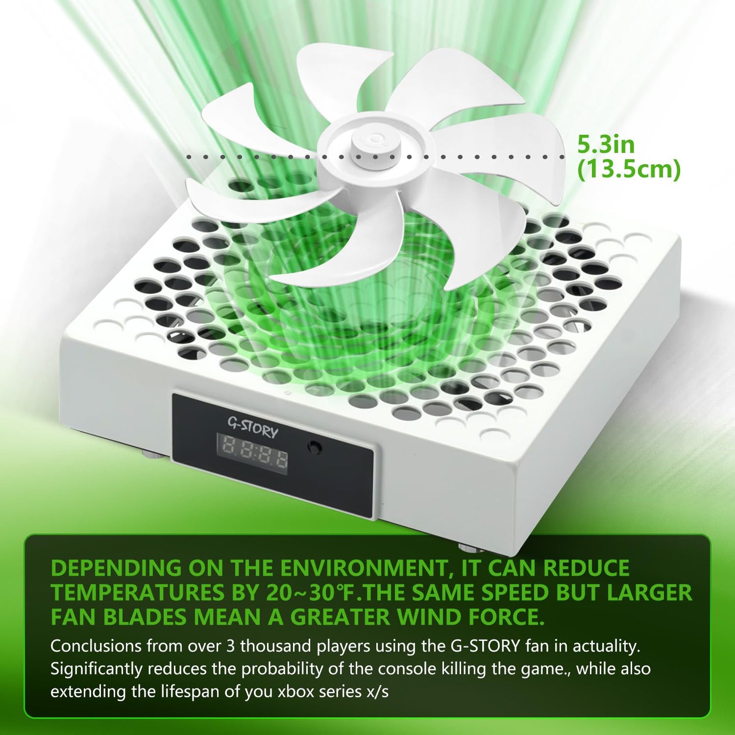 G-STORY Cooling Fan for Xbox Series X with Automatic Fan Speed Adjustable by Temperature, LED Display, High Performance Cooling, Low Noise, 3 Speed 1500/1750/2000RPM (140MM) with RGB LED (White)