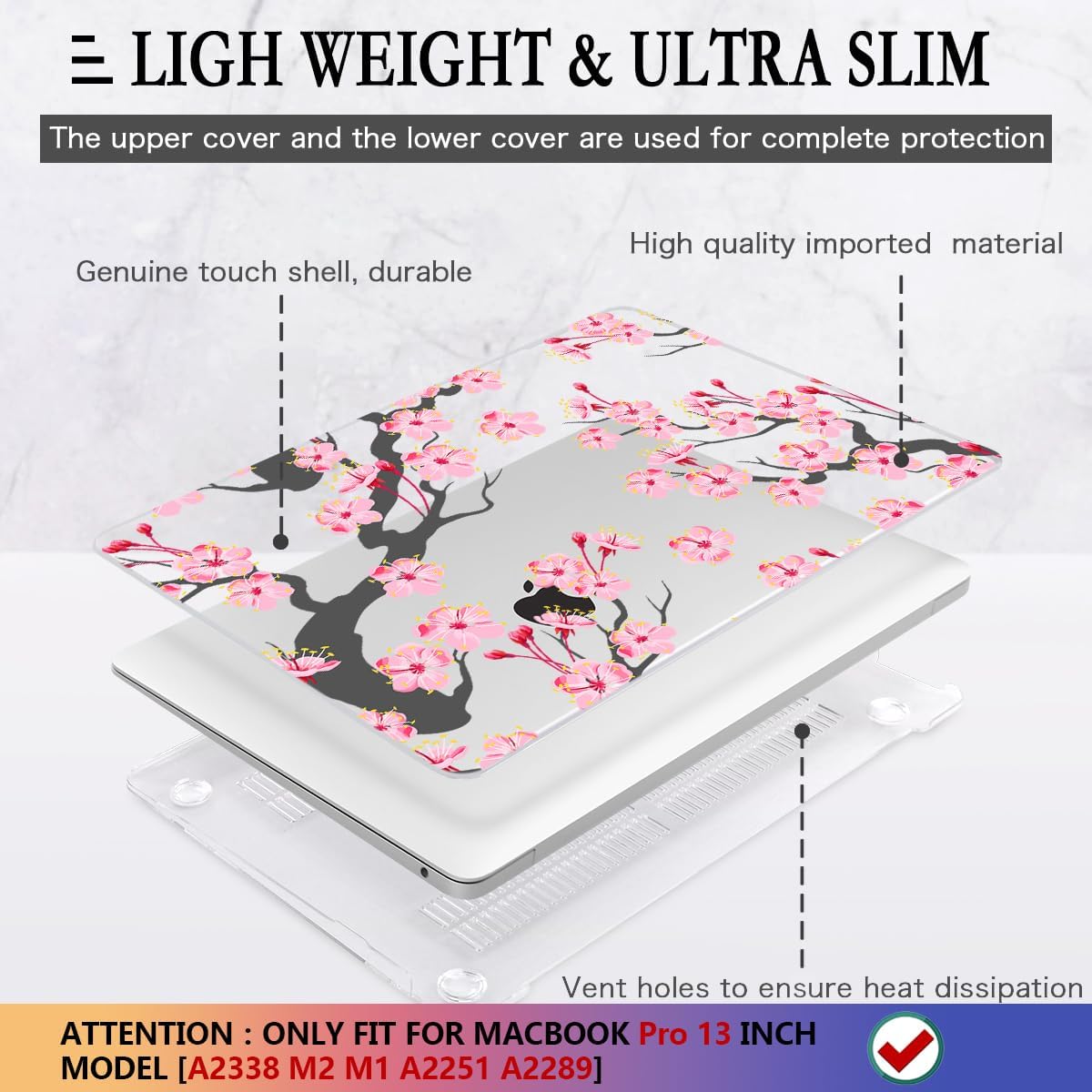 CISSOOK Hard Shell Case for MacBook Pro 13 inch A2338 A2289 A2251 2025-2020 Released, Cherry Floral Beauty Cover with Keyboard Cover and Screen Protector for MacBook Pro 13 M1 M2 - Cherry Blossoms