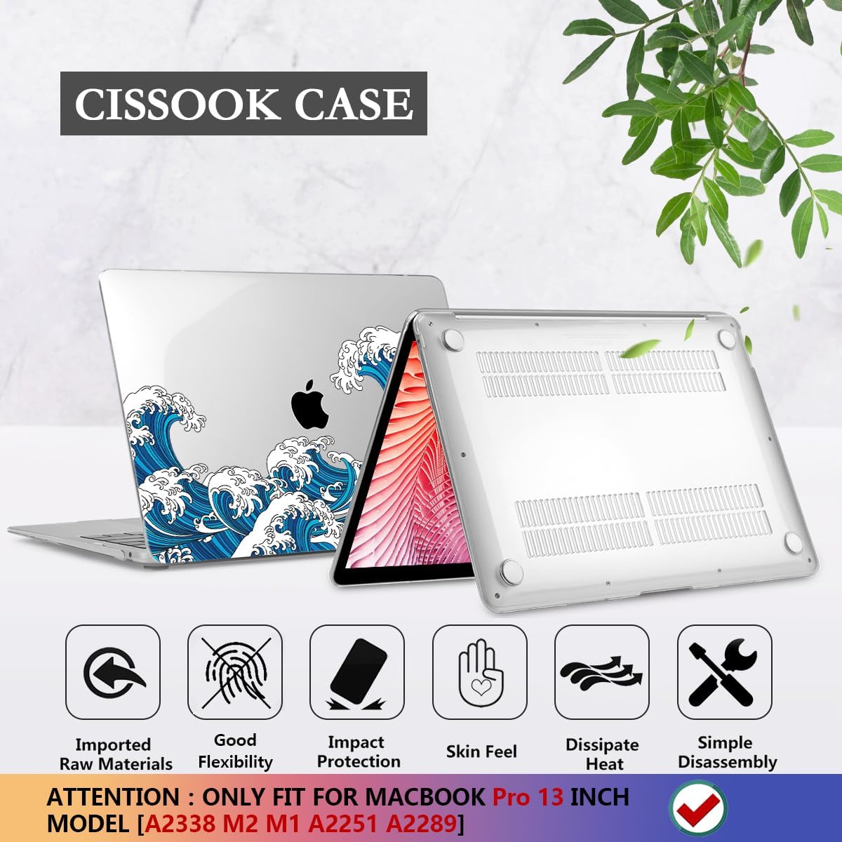 CISSOOK Wave Case for MacBook Pro 13 inch Case 2025-2020 Release, Ocean Hard Shell Cover for MacBook Pro 13 with Touch Bar M2 Chip A2338 M1 A2251 A2289 with Keyboard Cover +Screen Protector