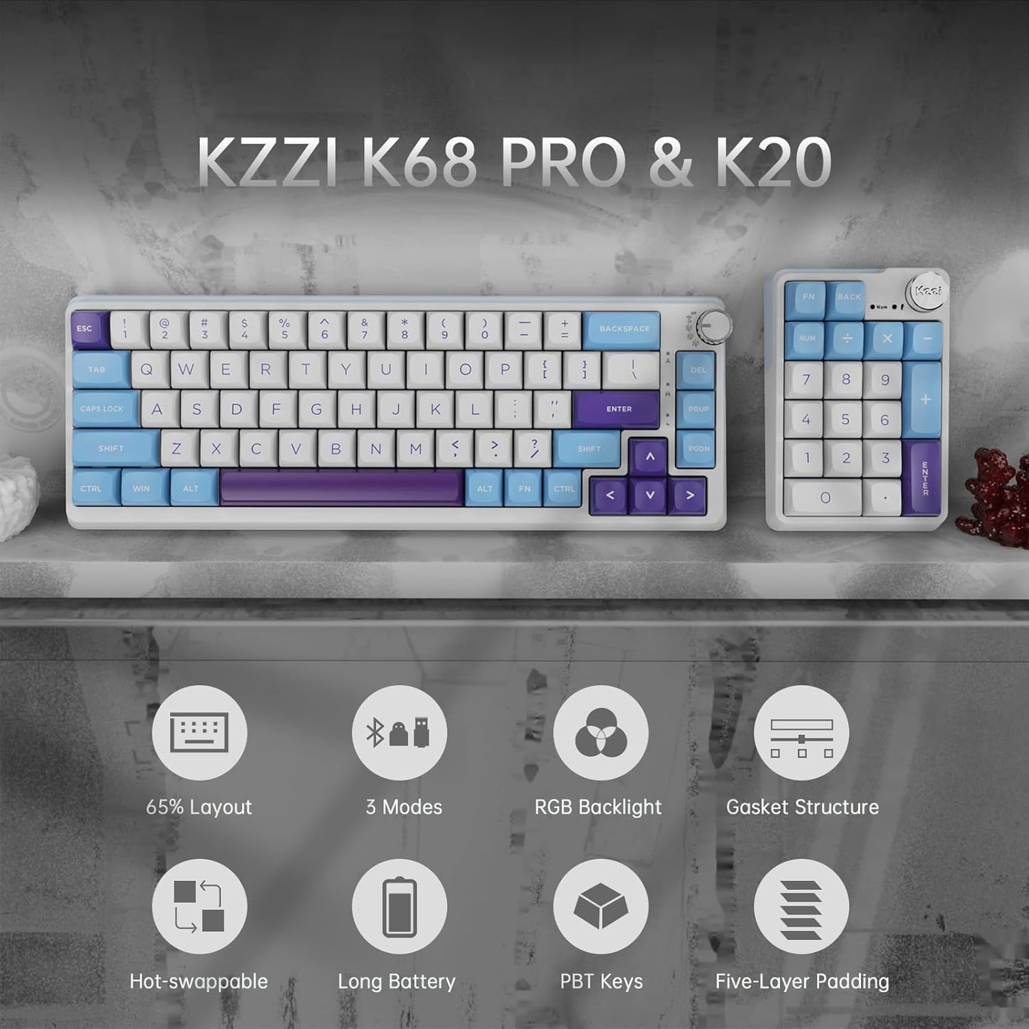 K68 Pro Gaming Keyboard, Layout Compact Wireless Mechanical Keyboard, Gasket Hot Swappable Custom BT 5.0/2.4G/USB-C Office Keyboard for Windows Mac (Blue-White, Moment Linear Switch)