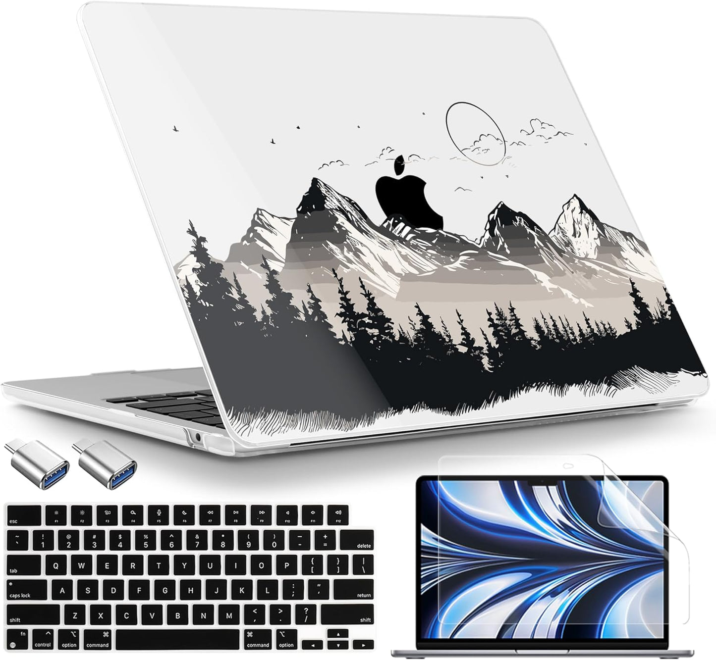 TWOLSKOO Compatible with M4 MacBook Air 13.6 inch Case 2025-2022 Release M4 A3240 M3 A3113 M2 A2681, Plastic Hard Shell & Keyboard Cover & Type C Adapter & Screen Protector, Mountain View