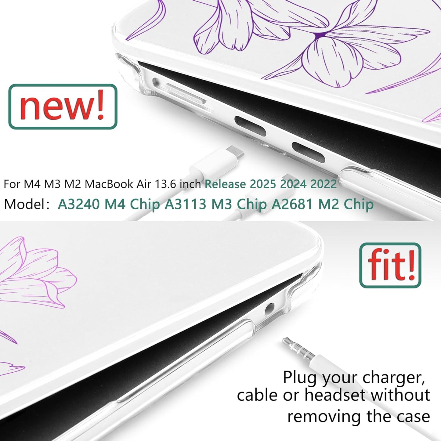 TWOLSKOO Compatible with M4 MacBook Air 13.6 inch Case 2025-2022 Release M4 A3240 M3 A3113 M2 A2681, Plastic Hard Shell & Keyboard Cover & Type C Adapter & Screen Protector, Engraved Floral2