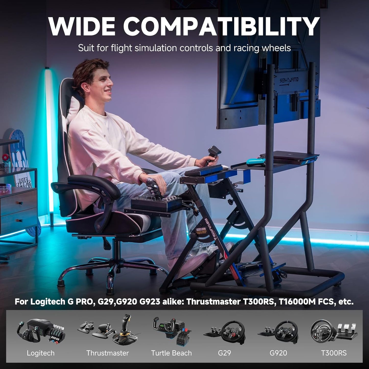 GTPLAYER Flight Racing Simulation Stand Foldable Gaming Stand Compatible with Logitech/Thrustmaster/PXN Gaming Devices Adjustable Stable Simulator Cockpit Stand, Electronic Device Not Included, Black