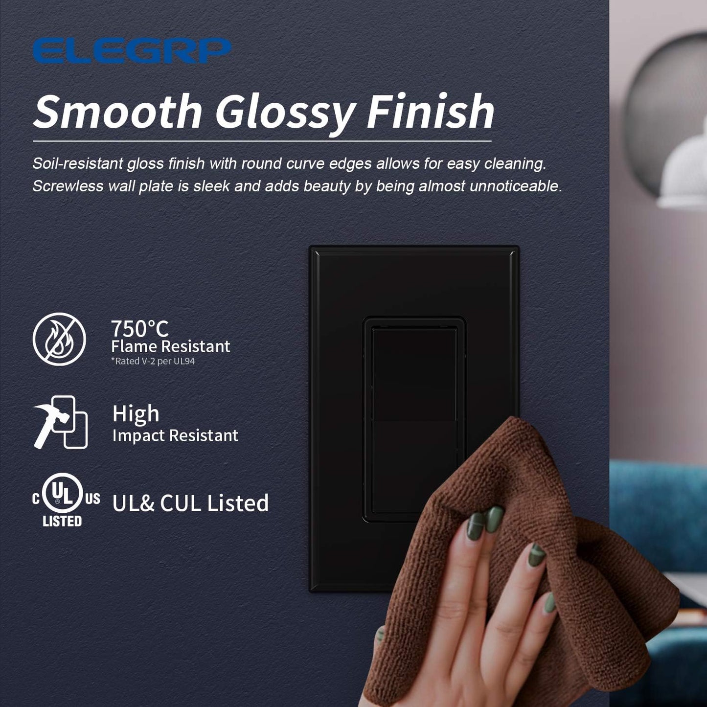 ELEGRP 1-Gang Screwless Decorative Wall Plates, Standard Size Unbreakable Thermoplastic Faceplate Cover for Decorator Receptacle Outlet Switch, UL Listed (10 Pack, Glossy Black)