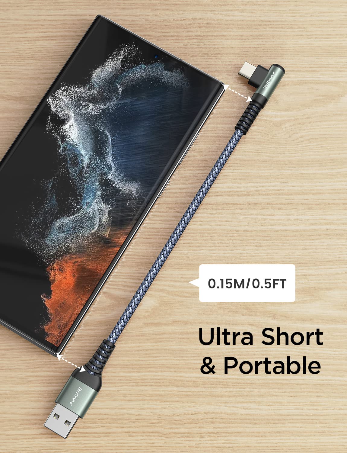 AINOPE USB C Cable 0.5ft, 3.1A Type C Charger Fast Charging Cable Right Angle, Durable Nylon Braided USB C Charging Cable Compatible with Galaxy S10 S9 Plus S21, Note 10 9 LG, Type C Charger Cable