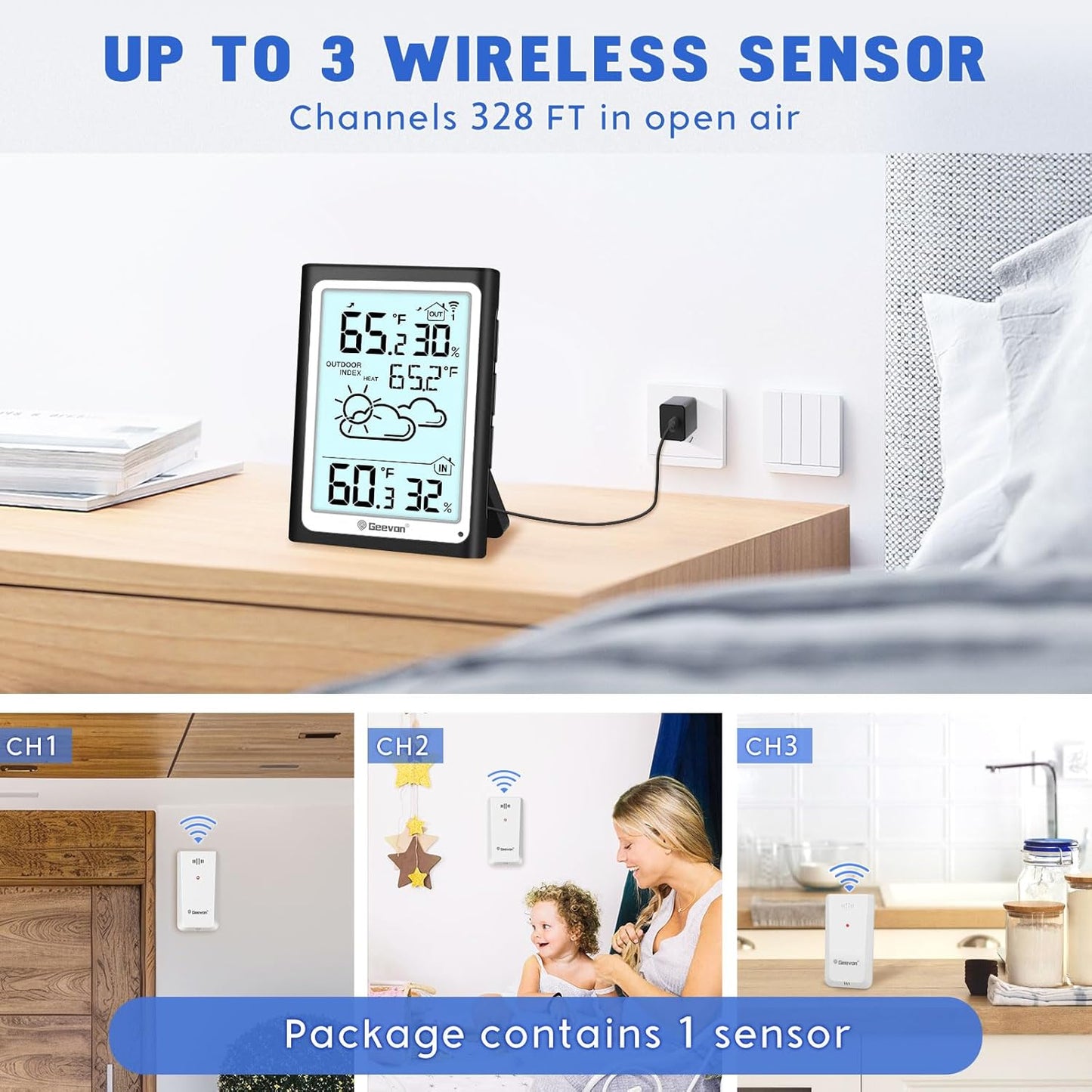 Geevon Large Display Digital Thermometer Hygrometer, Accurate Indoor Outdoor Temperature Humidity Monitoring, Wireless Weather Station with 200ft/60m Range Remote Sensor, Black