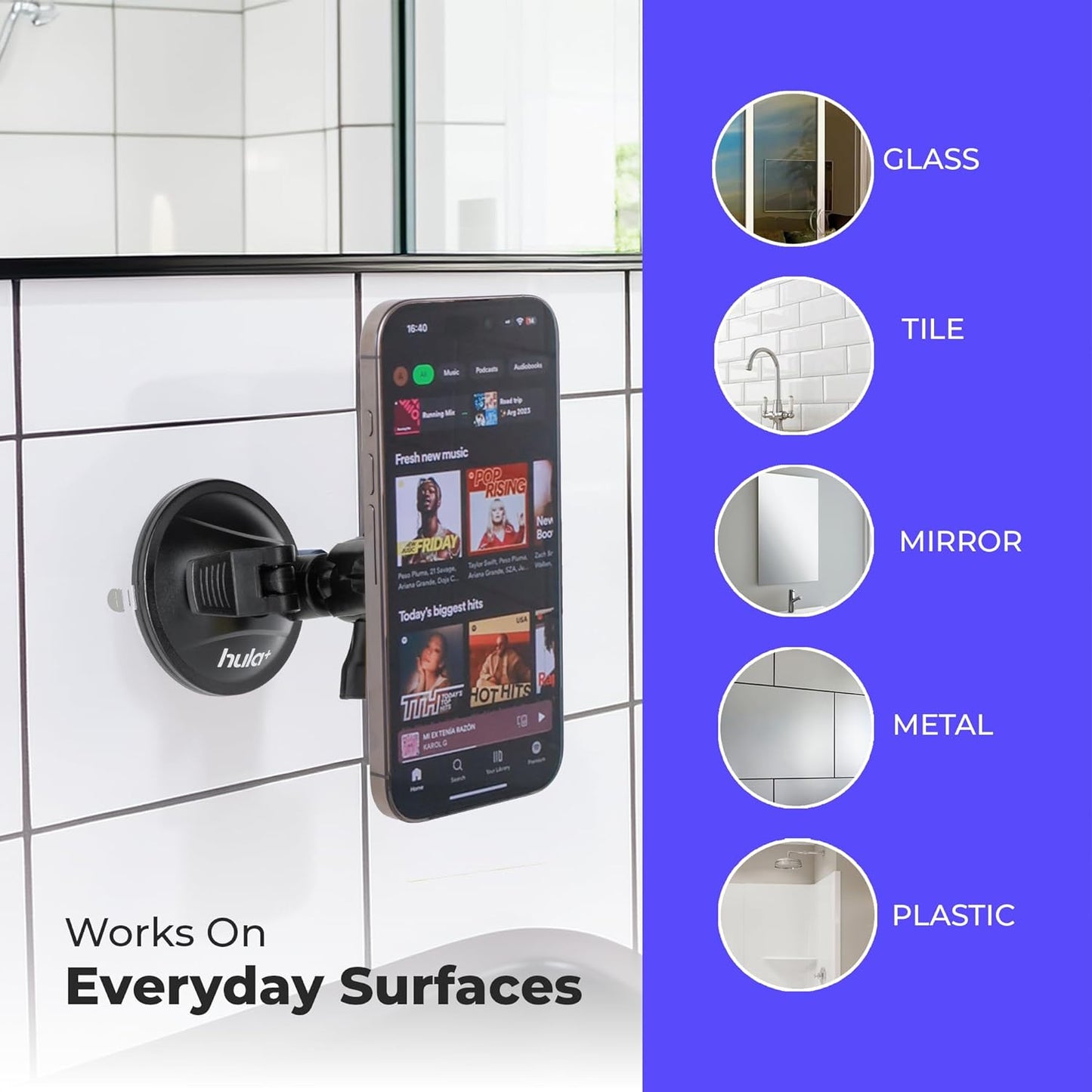 hula+ MagSafe Phone Holder Portable Mount, Reusable Stand for Shower, Mirror, Kitchen, Window, & Bathroom Compatible with MagSafe Adjustable Rotation for Content, TikTok, Movies & Music