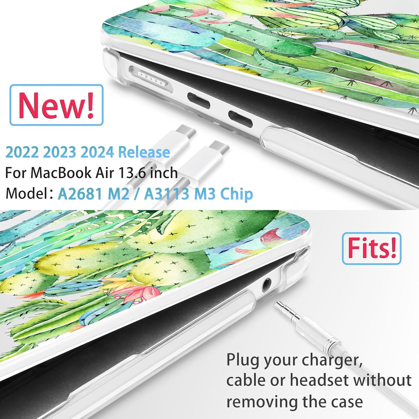 Mektron for 2025 M4 MacBook Air 13.6 Inch A3240 Case Fits 2023 A2681 M2 2024 A3113 M3 Chip with Liquid Retina Display, Printed Plastic Hard Shell Cover for MacBook Air 13.6", Watercolor Cactus