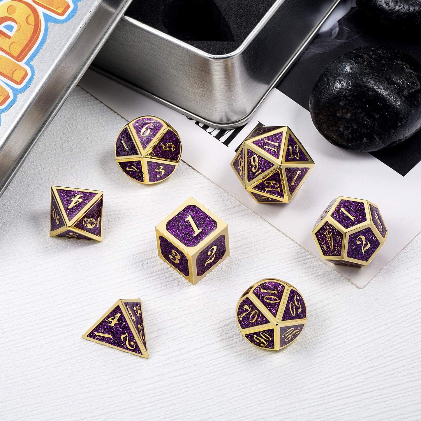 DNDND Glitter Purple Metal Dice Set, Solid Polyhedral DND Metallic Dice with Free Metal Case for Role Polying Game Dungeons and Dragons