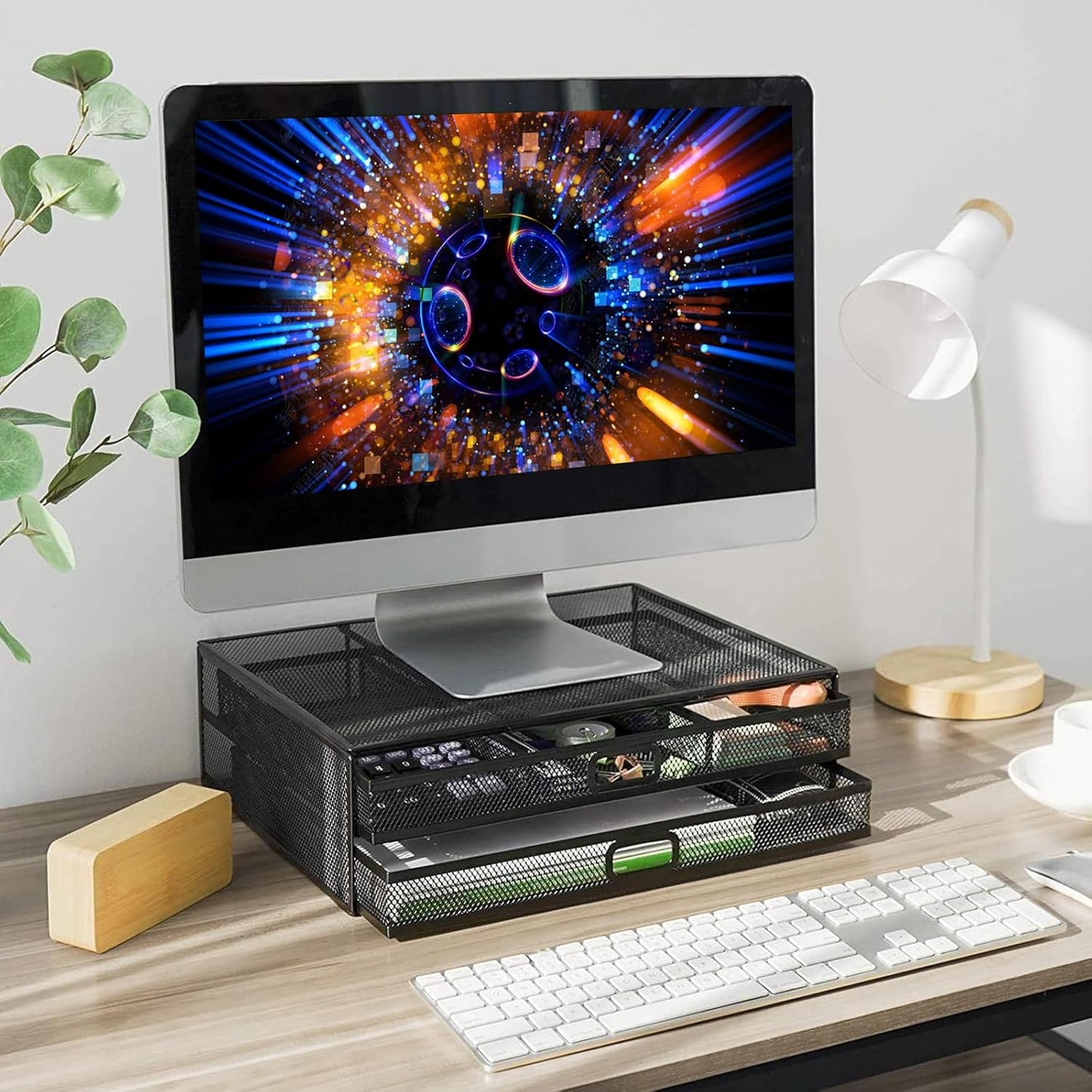 Computer Monitor Stands with Drawers, Metal Mesh Desktop Monitor Riser, Desk Storage Organizer with Drawers for PC, Laptop, Printer (Black)