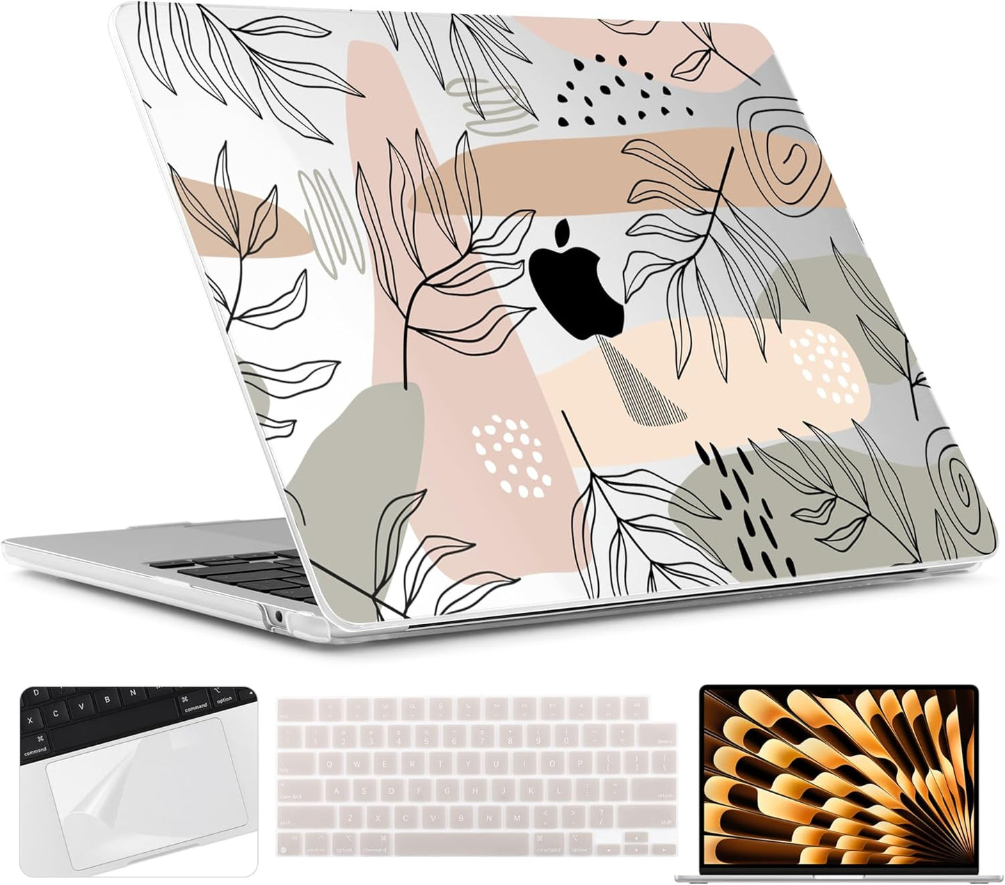 TWOLSKOO Compatible with M4 MacBook Air 15 inch Case 2025-2023 Released Model M4 A3241 M3 A3114 M2 A2941, Plastic Hard Shell & Screen Protector & Keyboard Cover & Trackpad Film, Tropical Leaves