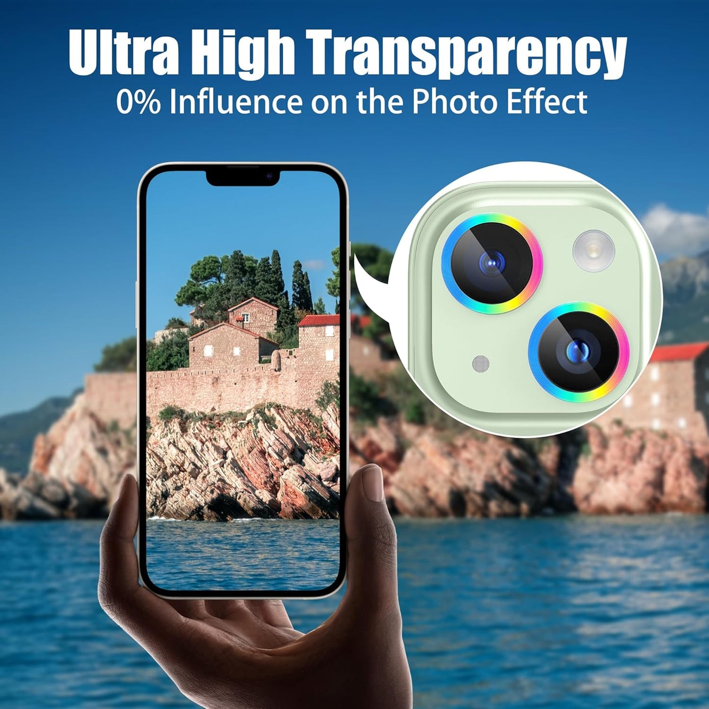 AGVEE 3+3 6 Pack for iPhone 15 6.1" / 15 Plus 6.7" Camera Lens Cover Protector, Metal Ring 9H Tempered HD Glass Camera Cover Protector Film, Green