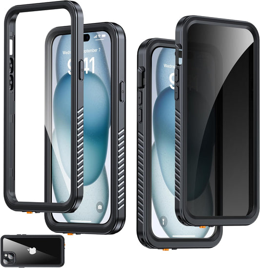 for iPhone 15 Plus Case Waterproof - Built-in Privacy Screen Protector & HD Screen Protector [IP68 Underwater] Shockproof Dustproof Full Body Protection iPhone 15 Plus Phone Case Black