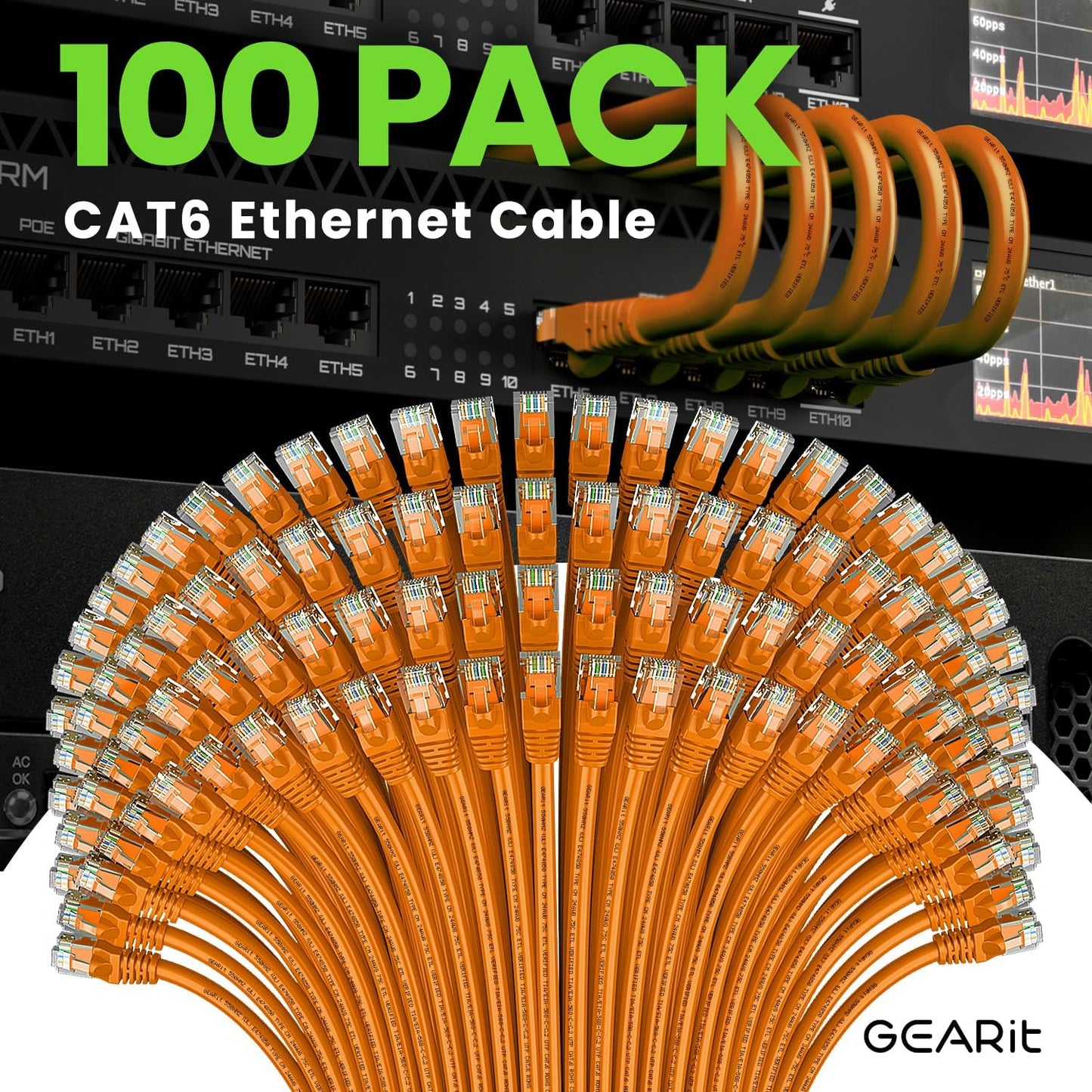 GEARit Cat 6 Ethernet Cable (100-Pack 1 Foot) Cat6 Network Patch, 10Gbps, RJ45, Snagless Cord, Gold-Plated Connectors, Internet for PC, TV, Tablet, Router, Printer, Servers, IT Data Center - Orange
