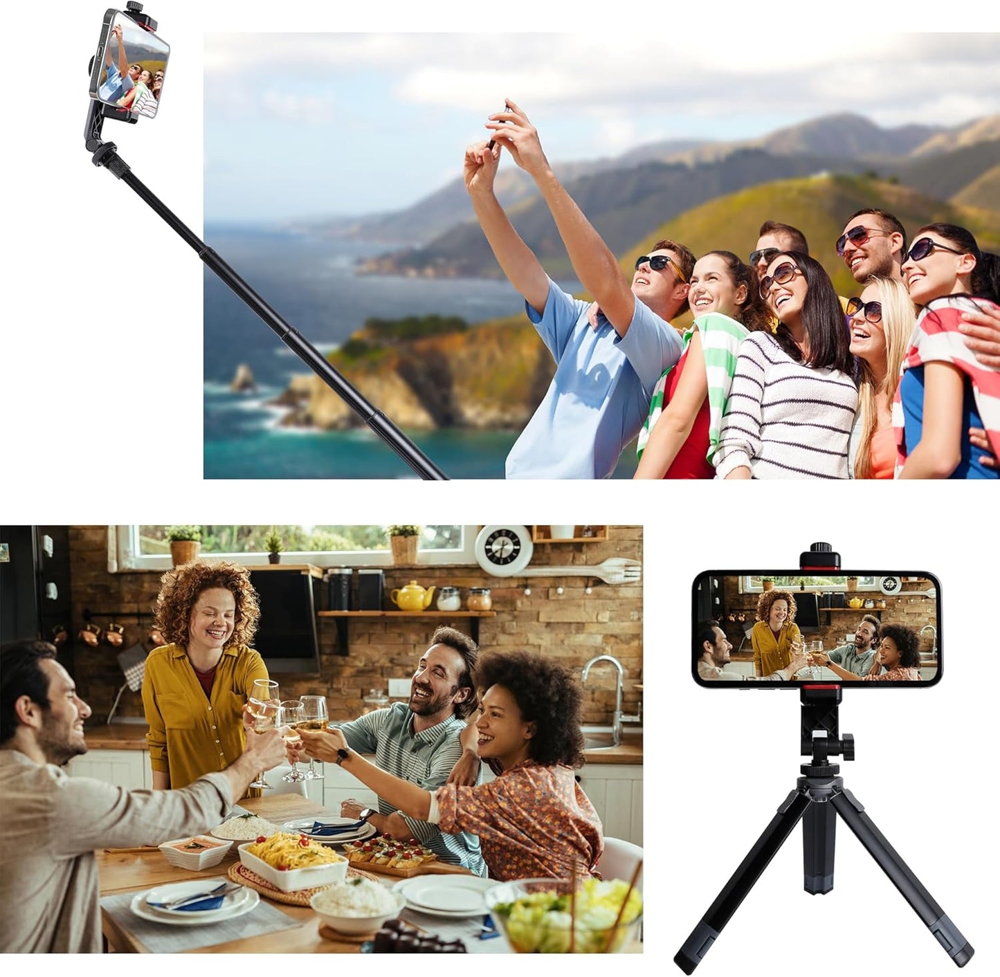 Phone Tripod Mount Adapter, with Cold Shoe&1/4" Hole for Tripod/Selfie Stick/Camera Stand, 360° Rotates Adjustable Phone Clip Clamp Holder for iPhone/Samsung/All