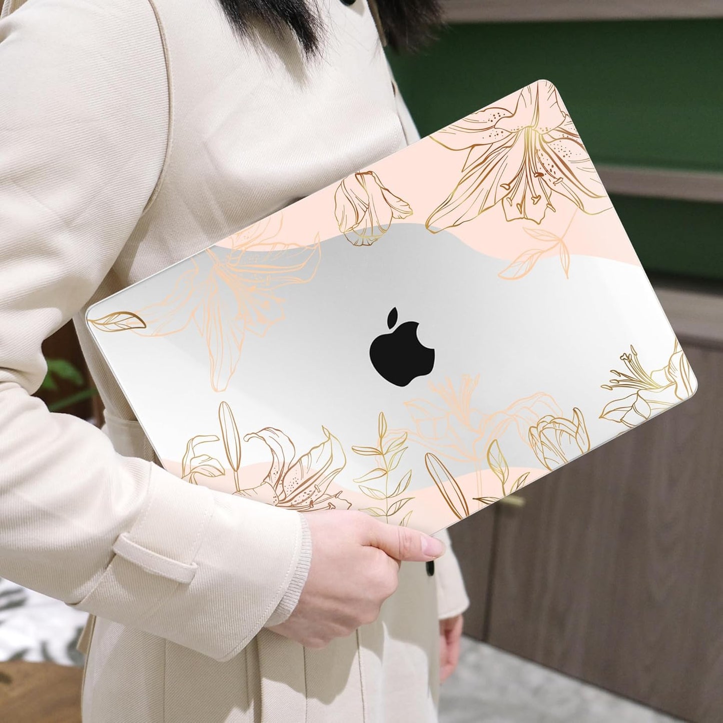 MEEgoodo for MacBook Air 13 inch Case 2021 2020 2019 2018 Released A2337 M1 A2179 A1932 with Touch ID, Plastic Hard Shell & Keyboard Cover Compatible with MacBook Air Case 13.3, Gold Flowers Lilies
