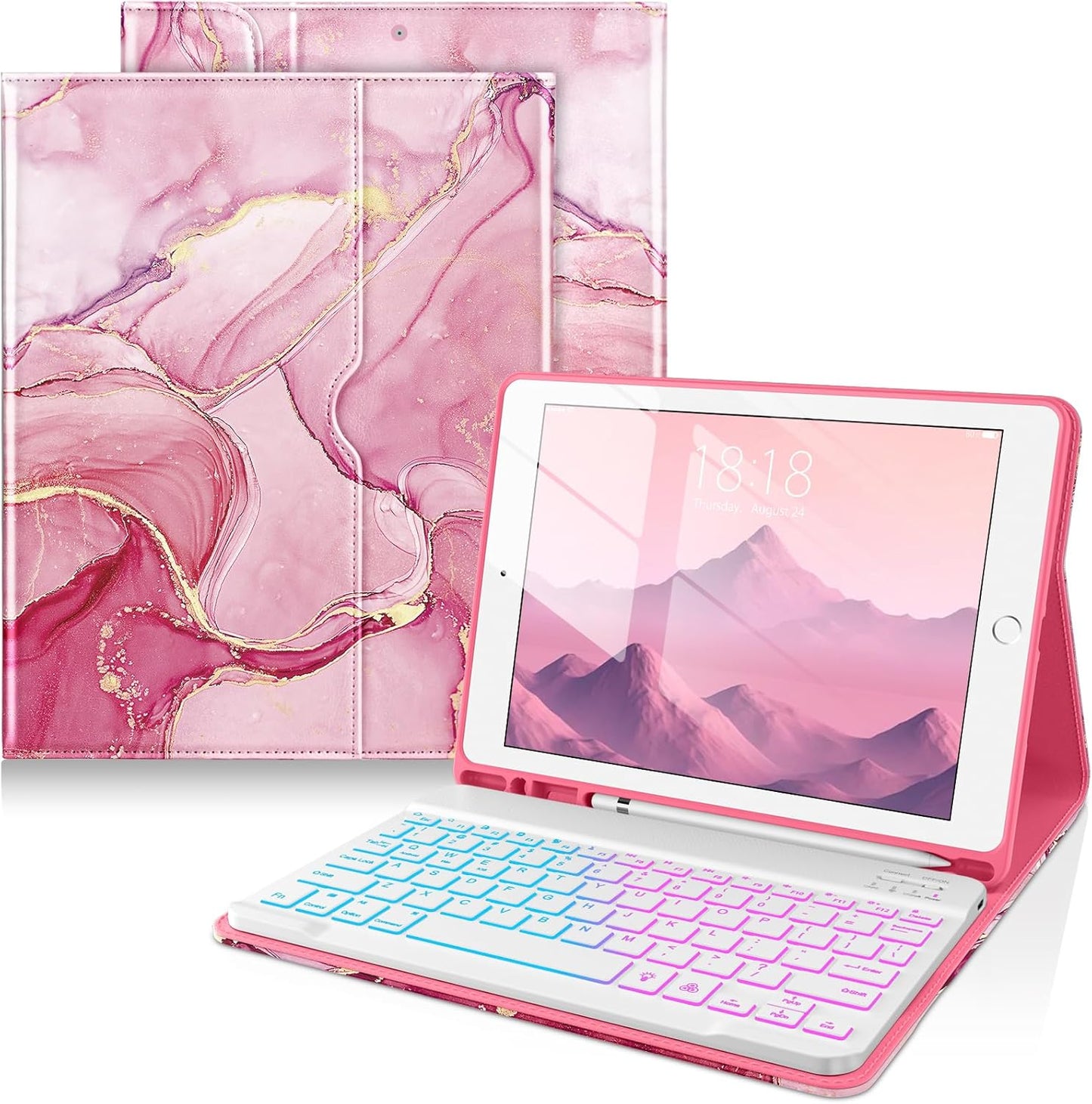 DTTO for iPad 9th/8th/7th Generation 10.2" Case 2021/2020/2019 with Keyboard, 7 Colors Backlit Wireless Detachable Keyboard Premium Leather Folio Cover with Pencil Holder & Pocket, Watermelon Marble