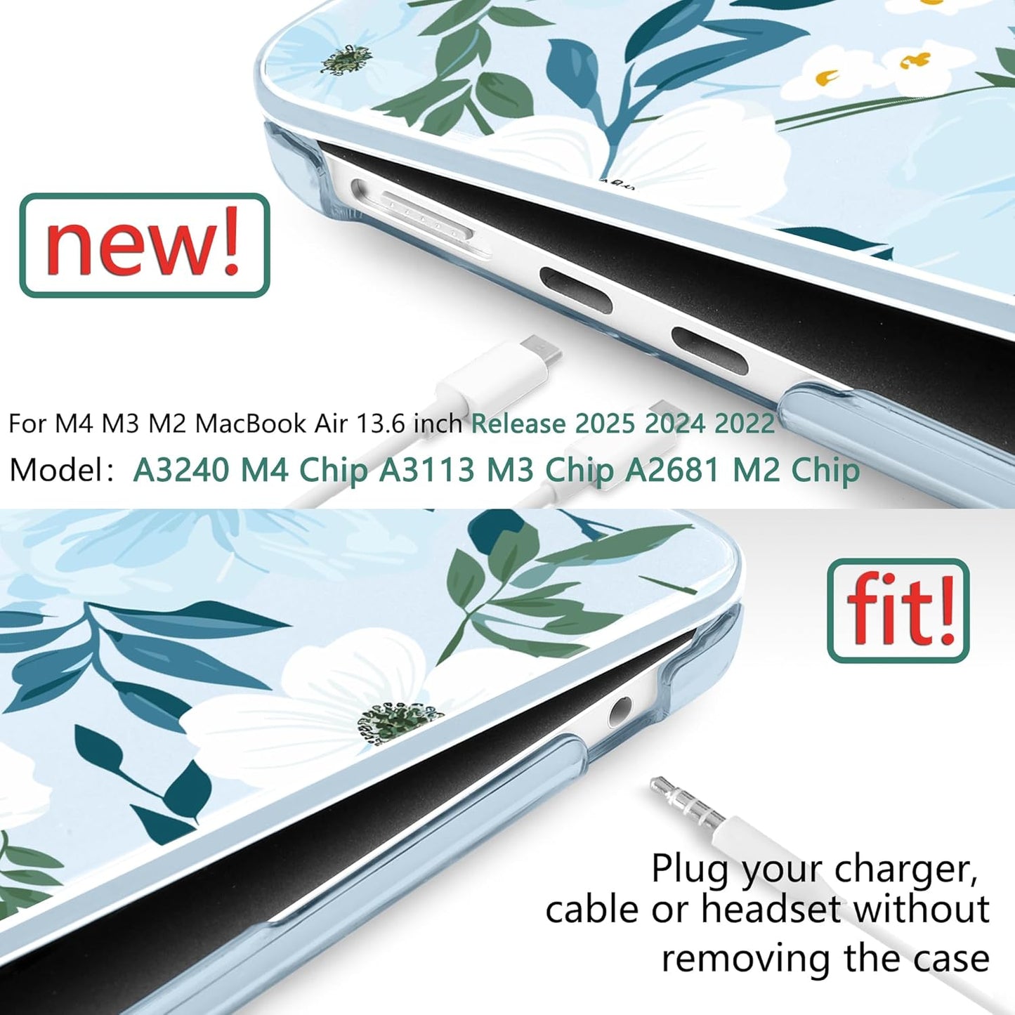 TWOLSKOO Compatible with M4 MacBook Air 13.6 inch Case 2025-2022 Release M4 A3240 M3 A3113 M2 A2681, Plastic Hard Shell & Keyboard Cover & Type C Adapter & Screen Protector, Floral Field Seamless