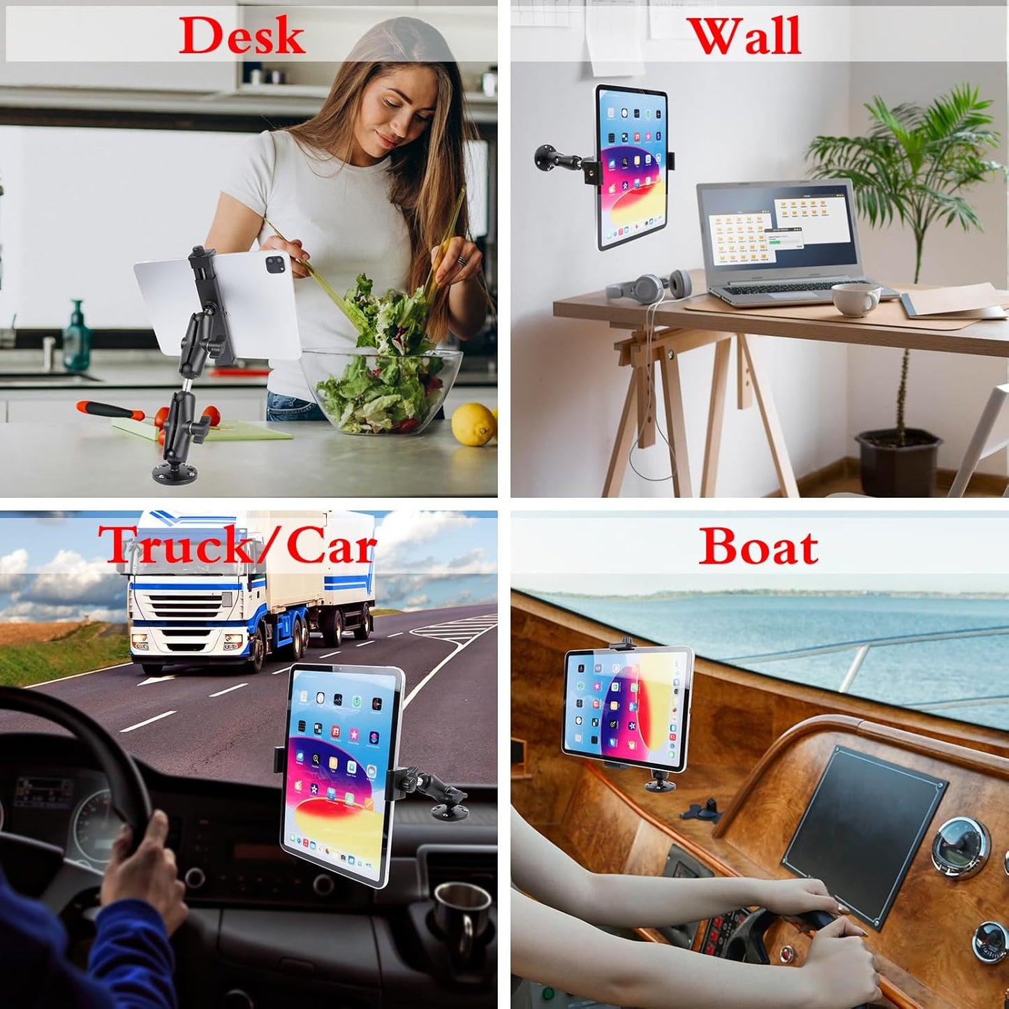 Aluminum Heavy Duty Drill Base Car Tablet Mount for 6.5"-12.9" Tablets/iPad Pro/Mini/Samsung Tab/Surface, 360° Adjustable 2-Stage Tablet Holder for Truck, Business Vehicle, Desktop, Wall, etc.
