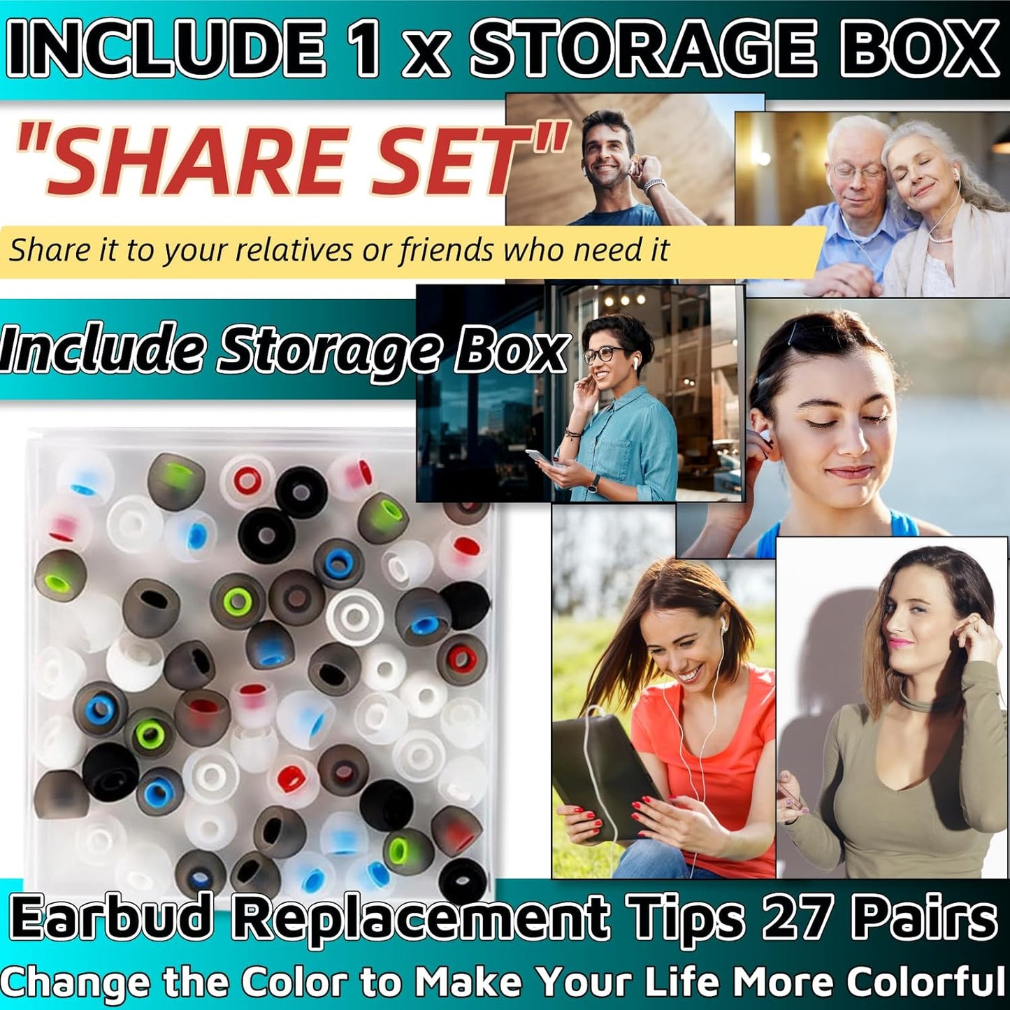 54Pcs Earbud Replacement Tips，Ear Bud Rubber Tips Silicone Earbud Tips Earbud Covers Silicone Tips Headphone Covers for Ears Headphone Ear Covers Replacement (Inner Hole 3.8mm -5.1mm) 27 Pairs S M L