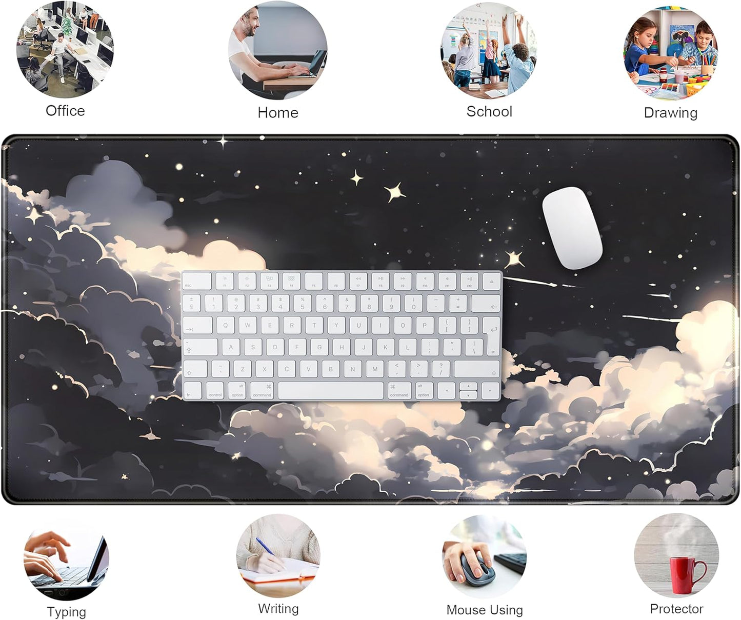 Black Anime Cloud Desk Mat XXL Large Gaming Mouse Pad Computer Laptop Mat, Extended Non-Slip Rubber Base Mousepad Keyboard and Mouse Mat, Night Sky Desk Pad with Stitched Edges, 31.5x15.75 in