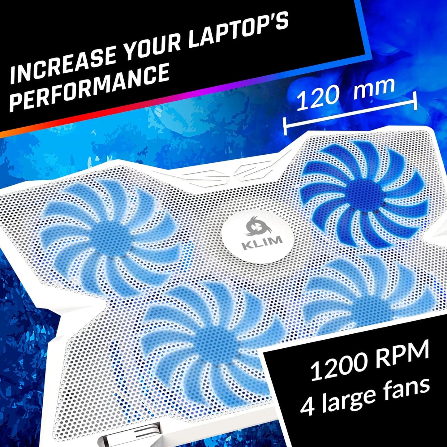 KLIM Wind Laptop Cooling Pad - More Than 500 000 Units Sold - New - The Most Powerful Rapid Action Cooling Fan - Laptop Stand with 4 Cooling Fans at 1200 RPM - USB Fan - PS5 PS4 - Full White