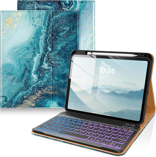 DTTO for iPad 11th (A16)/ 10th Generation Case with Keyboard (2025/2022), 7 Colors Backlit Wireless Detachable Keyboard Leather Folio Cover with Pencil Holder & Pocket, Sandy Wave